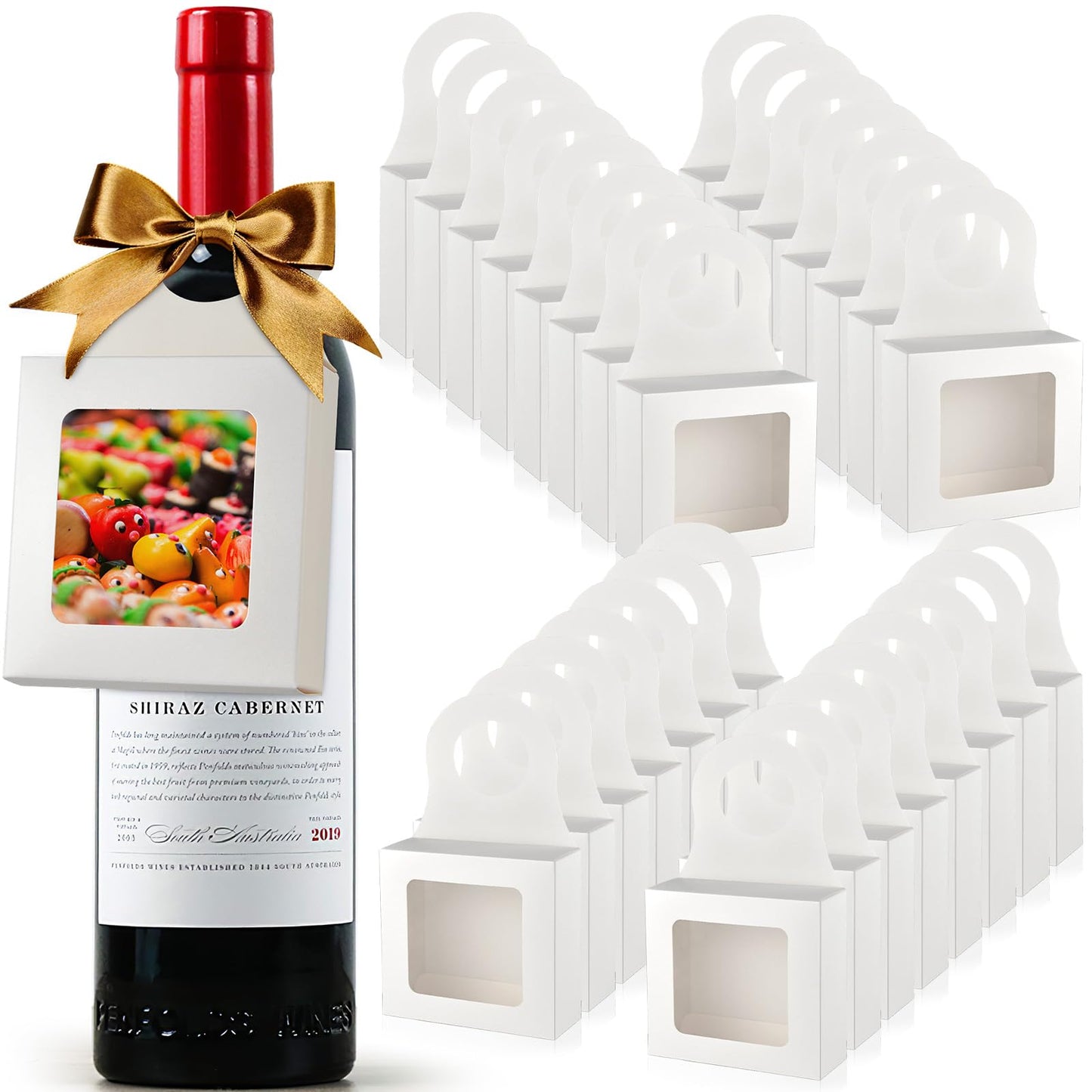 Mototo 30 PCS Kraft Paper Wine Bottle Boxes with Transparent Window Hanger Foldable Wine Bottle Empty Gift Boxes with Hanger for Valentines Christmas Candy Truffles Chocolate Cookies Packing, White