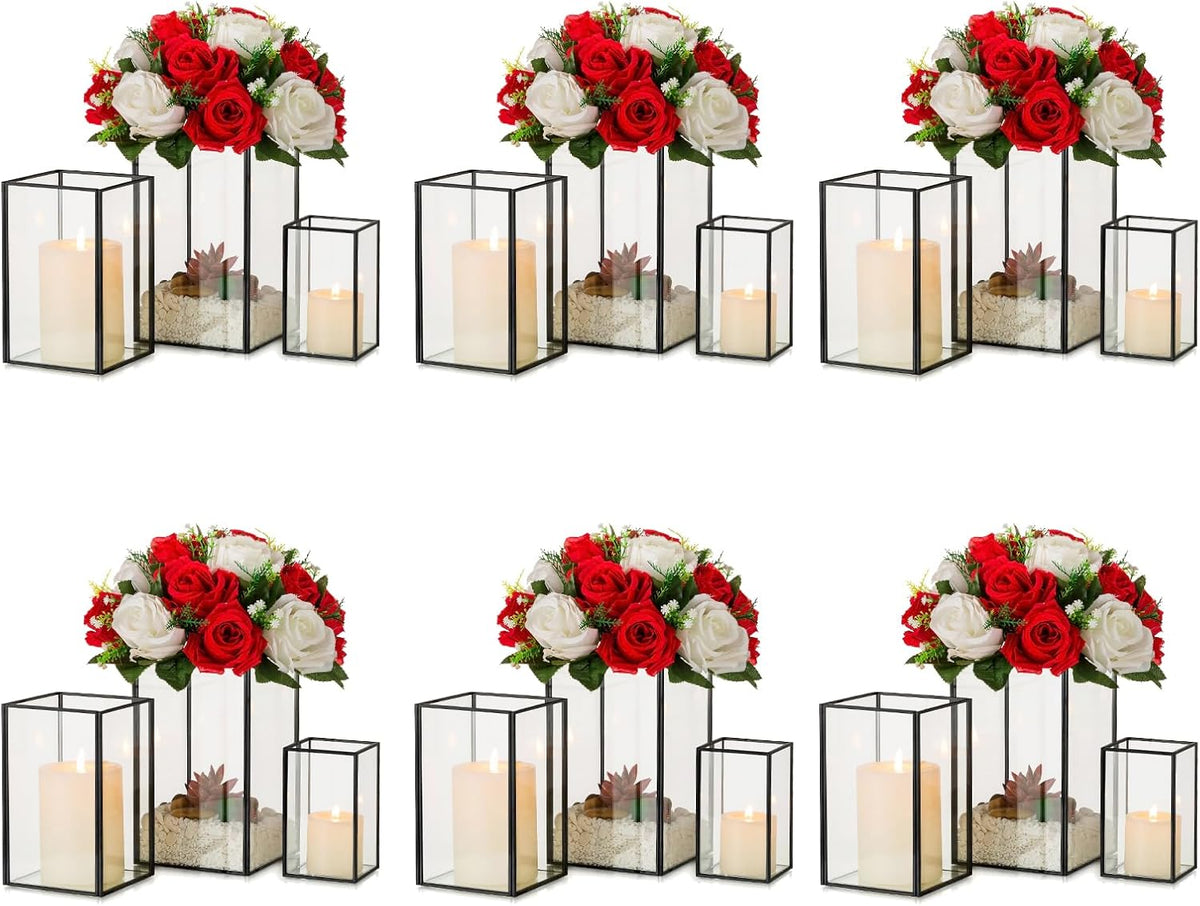 Glass Hurricane Candle Holder Large - Hewory 18pcs Black Rectangle Flower Holders Centerpiece for Table, Tall Floor Square Pillar Candle Lantern for Wedding, Anniversary, Party, Fireplace, Dining Room