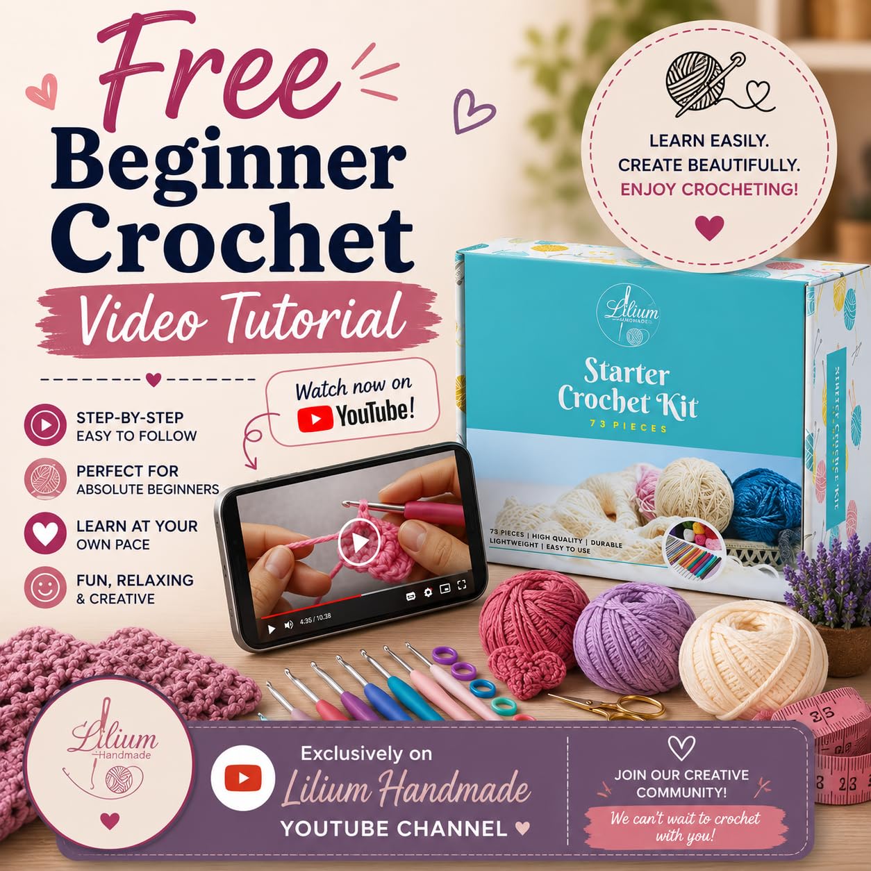 Starter Crochet Kit for Beginners Adults – 73PCS Complete Learn to Crochet Set with Yarn, Ergonomic Hooks & Accessories, Easy DIY Crochet Starter Kit, Craft Gift for Women, Teens & Adults