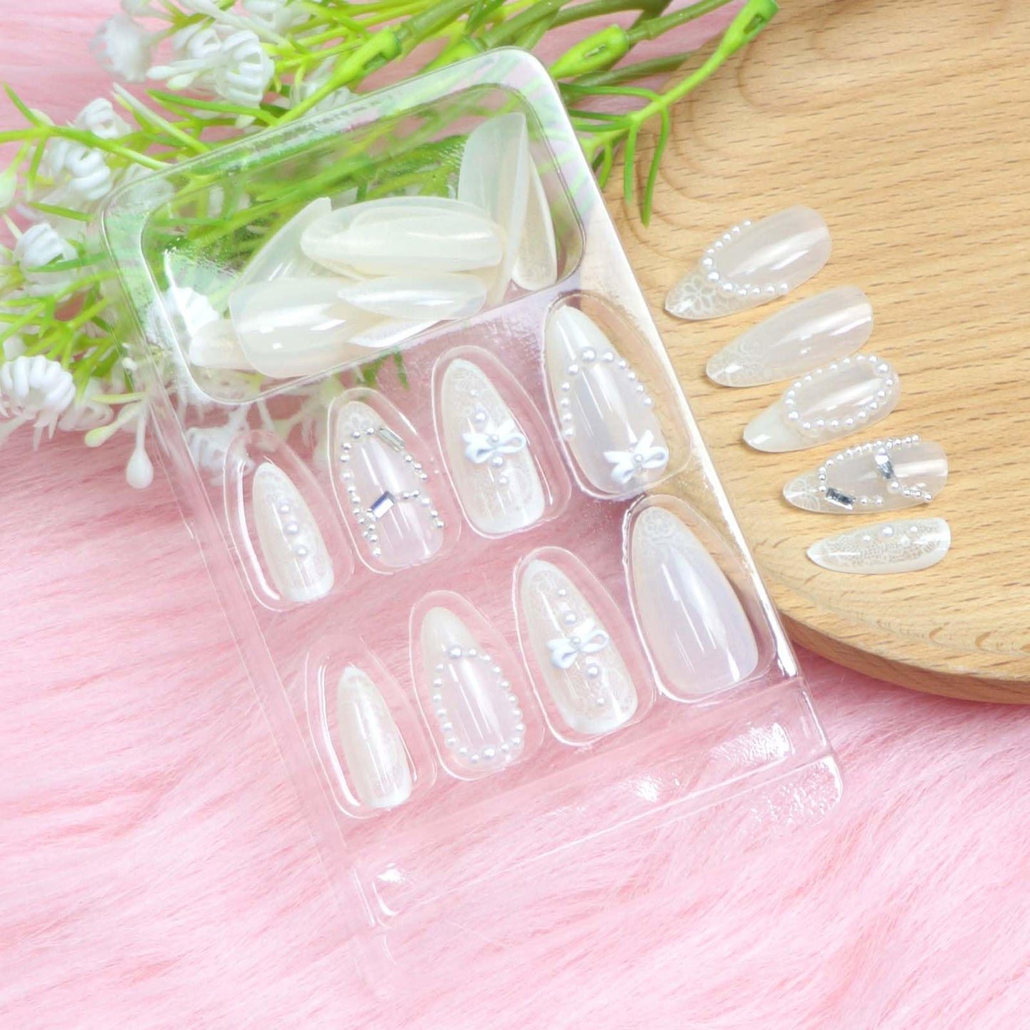 Medium Press on Nails Almond Fake Nails White Translucent Nails Press ons with 3D Bow Pearl Rhinestone Flowers Designs Artificial Stick on Nails for Women 24Pcs