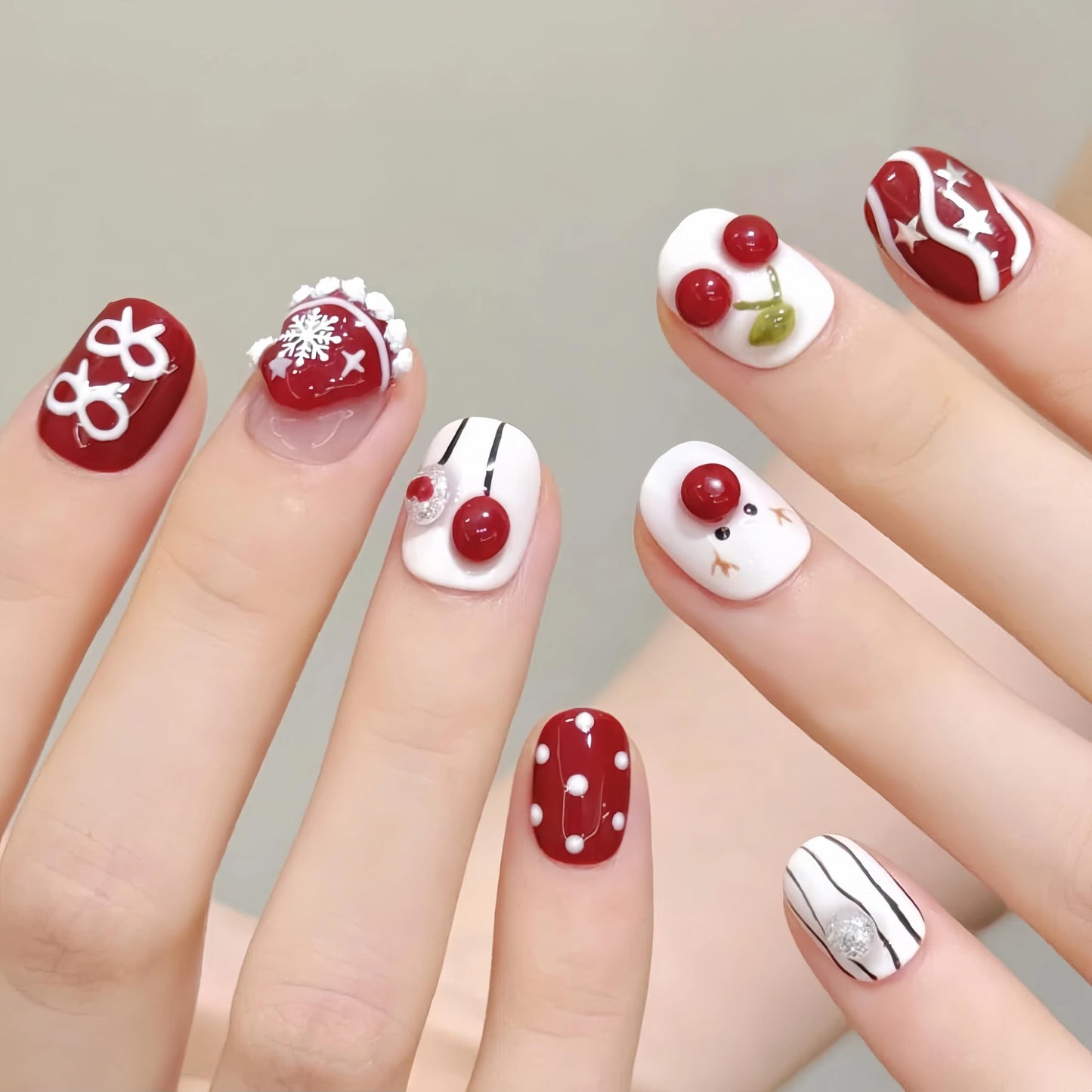 Tesytto Handmade Press on Nails Short Oval - Cute 3D Cherry Design, Red & White Kawaii Multi-Layer Gel False Nails, Salon Quality Reusable Nails (Cute Snowman,S)