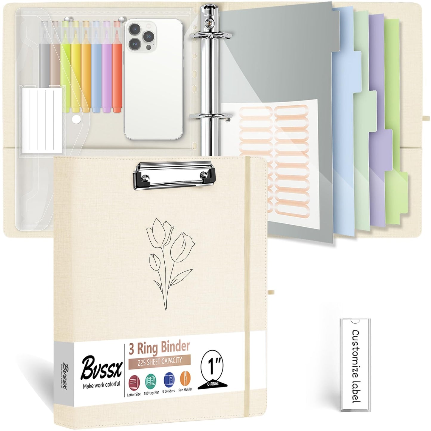 1 Inch 3 Ring Linen Binder Organizer, BVSSX Three Ring Binders with Clipboard, Plastic Folder, 5-Tabs Pocket Dividers with Sticker Labels, Pen Loop, Elastic Strap (Beige, Letter Size)