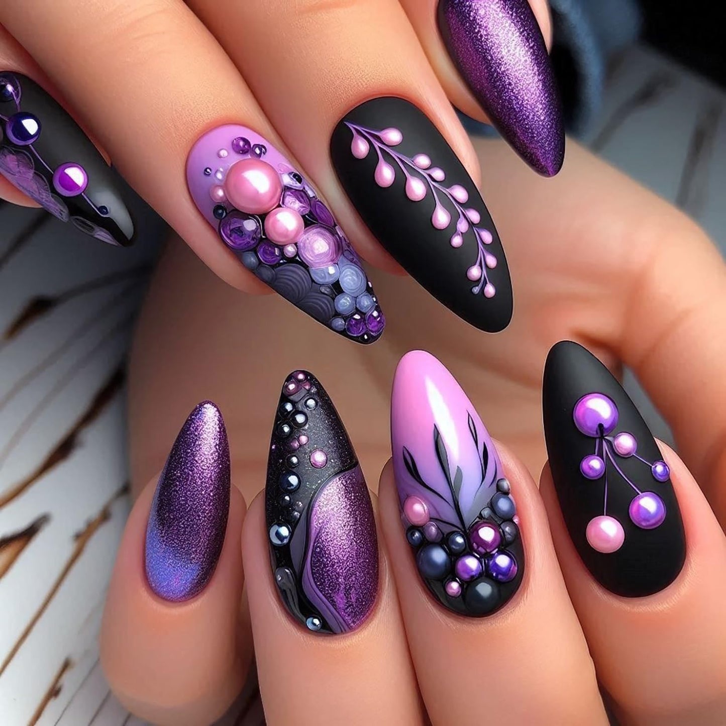 Black Purple Gradient Press on Nails Almond Medium Branches Pattern Design Full Cover Glossy Almond Tip Acrylic False Nail Press Ons Artificial Fingernails 24Pcs DIY Reusable Glue on Nails for Women