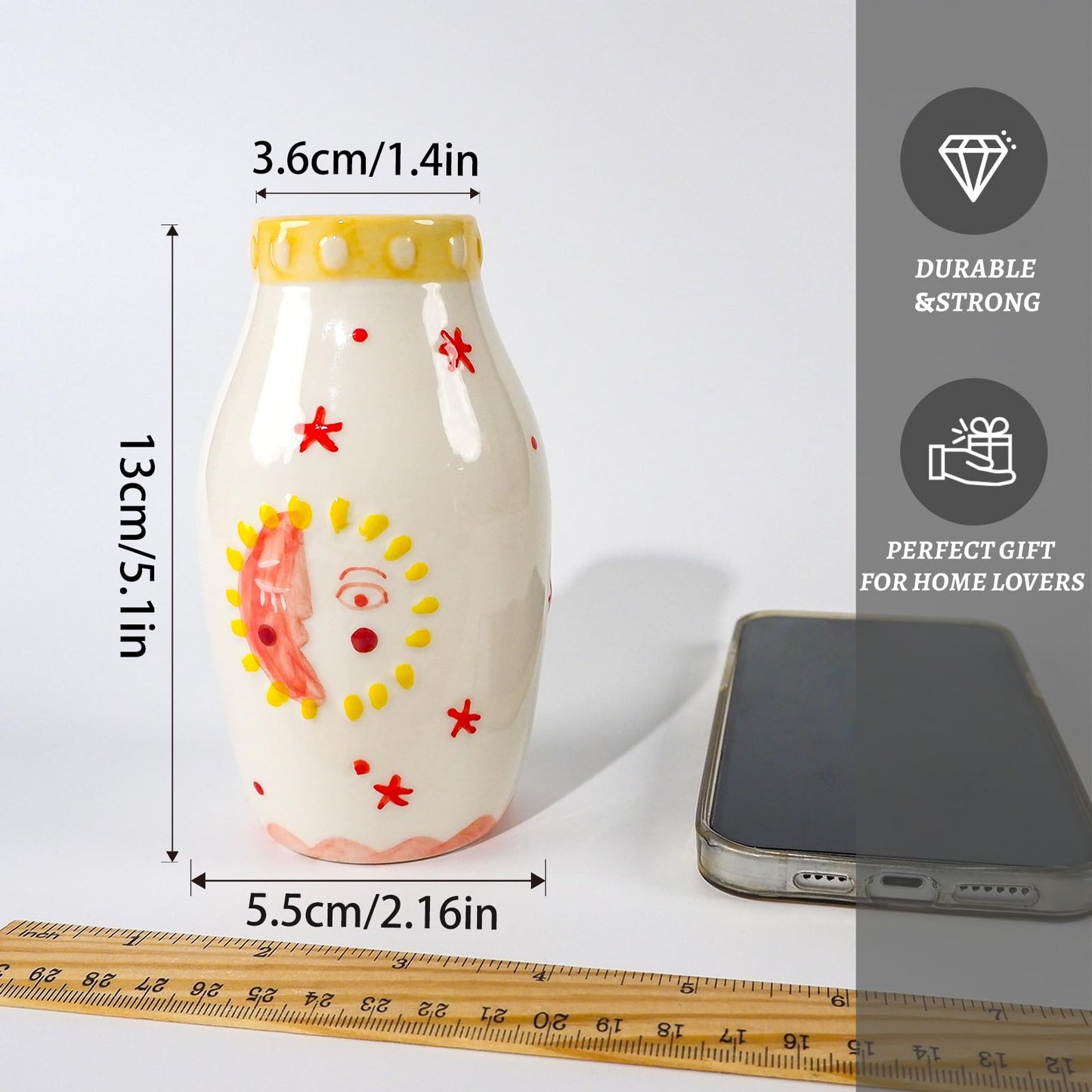 MOUGIGI Unique Ceramic Vase, Cute Boho Decor, Small Cream Vase for Dried Flowers or Single Bud - Sun and Moon Face Design