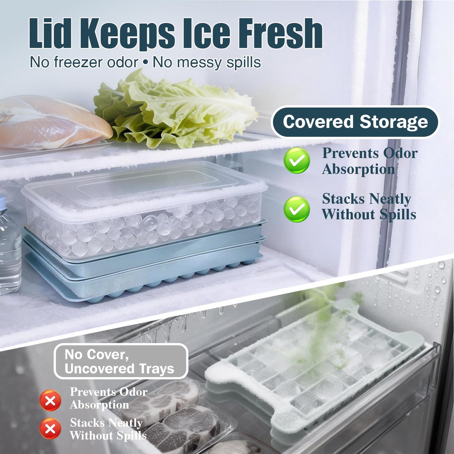 WIBIMEN Mini Ice Cube Trays, 0.55” Tiny Pebble Ice for Iced Coffee & Cocktails, Fast Chill, Easy Twist Release, Stackable with Lid & Storage Bin (2 Pack, Blue)