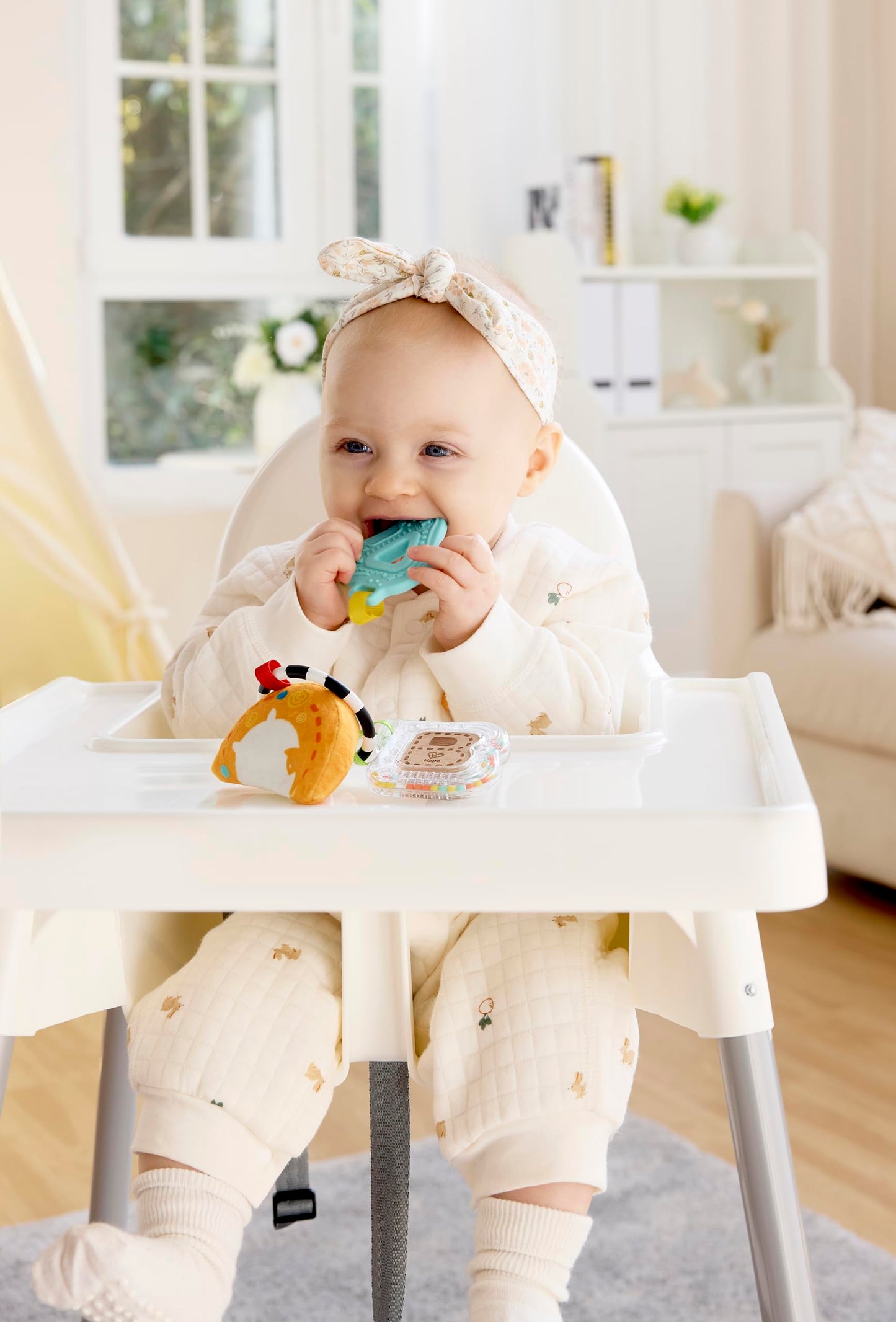 Hape Sensory ABCs Playset, 3-in-1 Baby Travel Toy with Silicone Teether, Rattle, and Plush Toy, High-Contrast Portable High Seat & Stroller Toy for Infants 3-12 Months