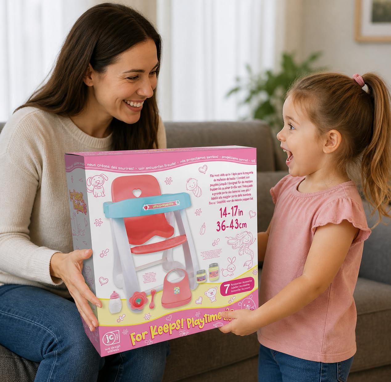 JC Toys - Doll High Chair | Fits Dolls up to 17" | Easy to Clean | Simple Assembly | 7 Piece Play Set| Ages 2+, Pink/Blue
