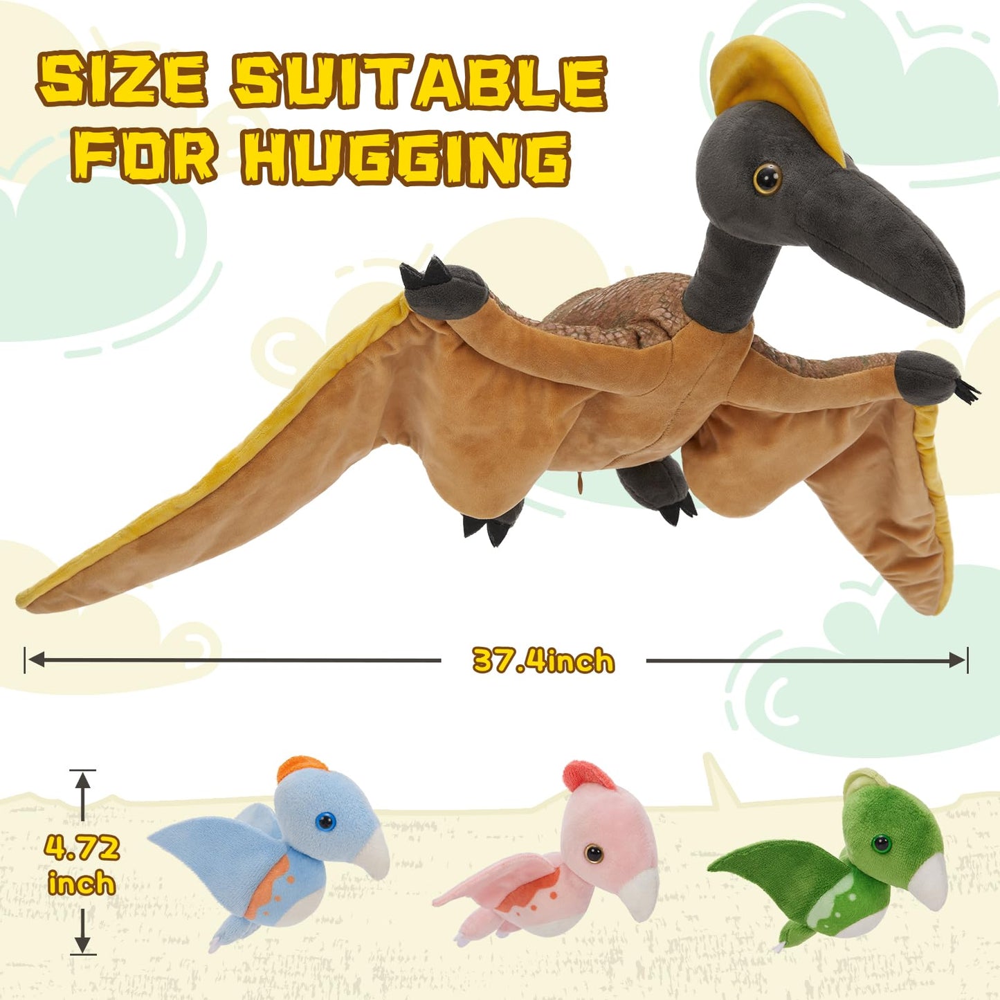 MaoGoLan 4 Pcs Pterodactyl Stuffed Animal with 3 Babies Inside Belly, 37 inch Pterodactyl Plush for Kids Giant Dinosaur Toy Dino Squad Party Favors Decorations Christmas