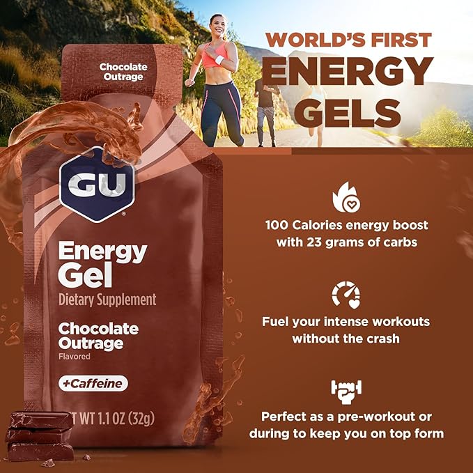 GU Energy Original Sports Nutrition Energy Gel, Vegan, Gluten-Free, Kosher, and Dairy-Free On-the-Go Energy for Any Workout, 24-Count, Chocolate Outrage
