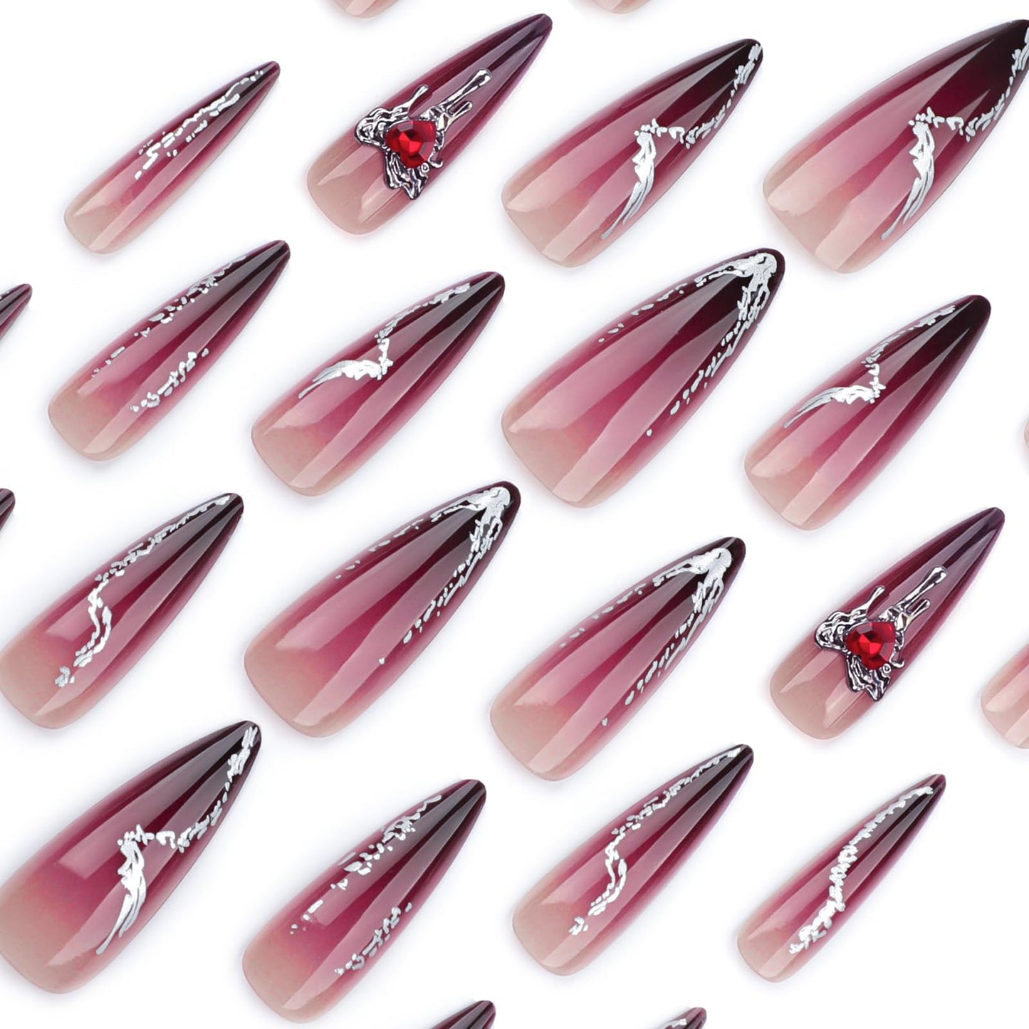 24 Pcs Dark Red Press on Nails Long Almond Fake Nails with Glitter Rhinestones Design Reusable False Nails Kit Acrylic Nails Press ons Artificial Stiletto Nails Full Cover Stick on Nails for Women
