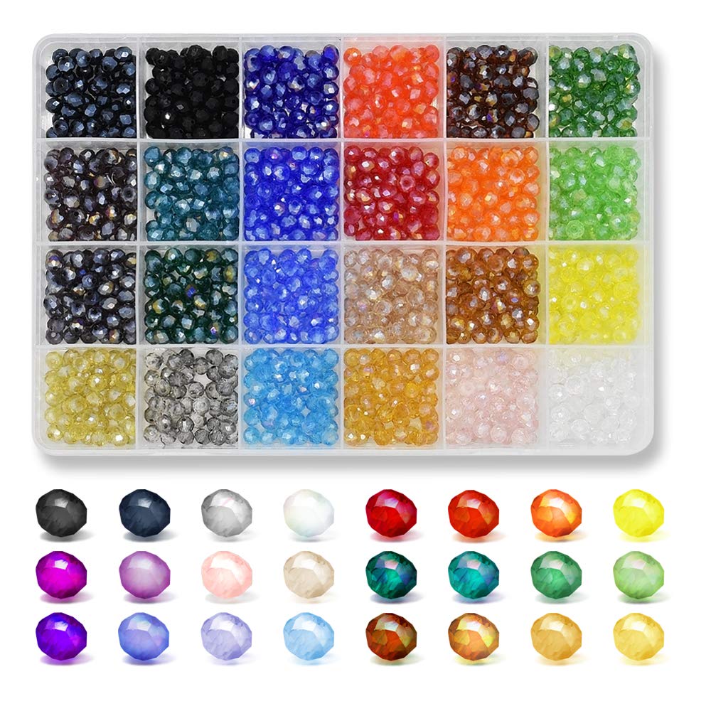 Renashed 1200pcs 6mm Briolette Crystal Glass Faceted AB Beads Spacer Beads for Jewelry Making - Bracelets, Necklaces - 24 Colors with Container Box