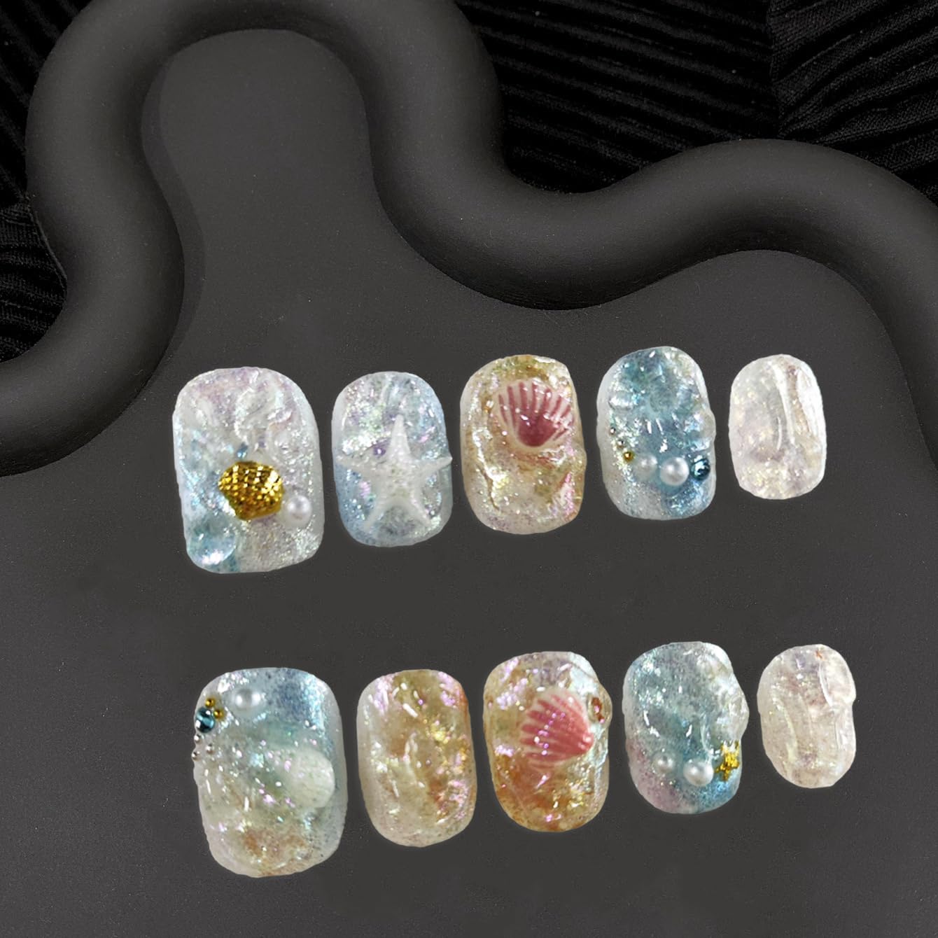 Short Square Shaped Press on Nails Gradient Fake Nails Handmade Press on Nails Luxury Starfish Seashell and Pearl Designs Full Cover Thick Stick on Nail Glitter Acrylic Nails for Women (Size S)