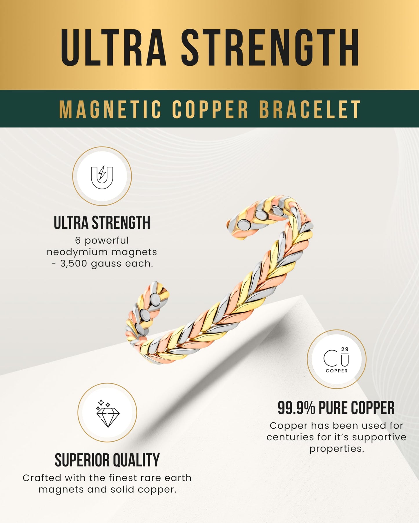 MagnetRX® Woven Copper Magnetic Bracelet - Magnetic Copper Bracelets - Adjustable Pure Copper Cuff Bracelet with Magnets (Tri-Color, M/L)