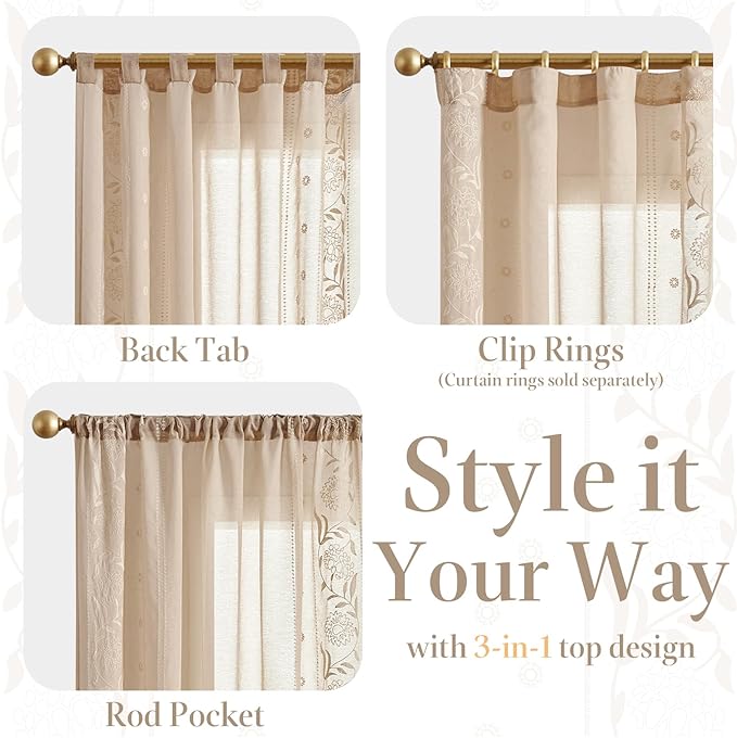 jinchan Winslow Beige Sheer Curtains 84 Inch for Bedroom Living Room Embroidered Bordered Floral Nursery Curtains for Playroom Dorm Light Filtering, Ivory on Beige, 2 Panels, 50W x 84L
