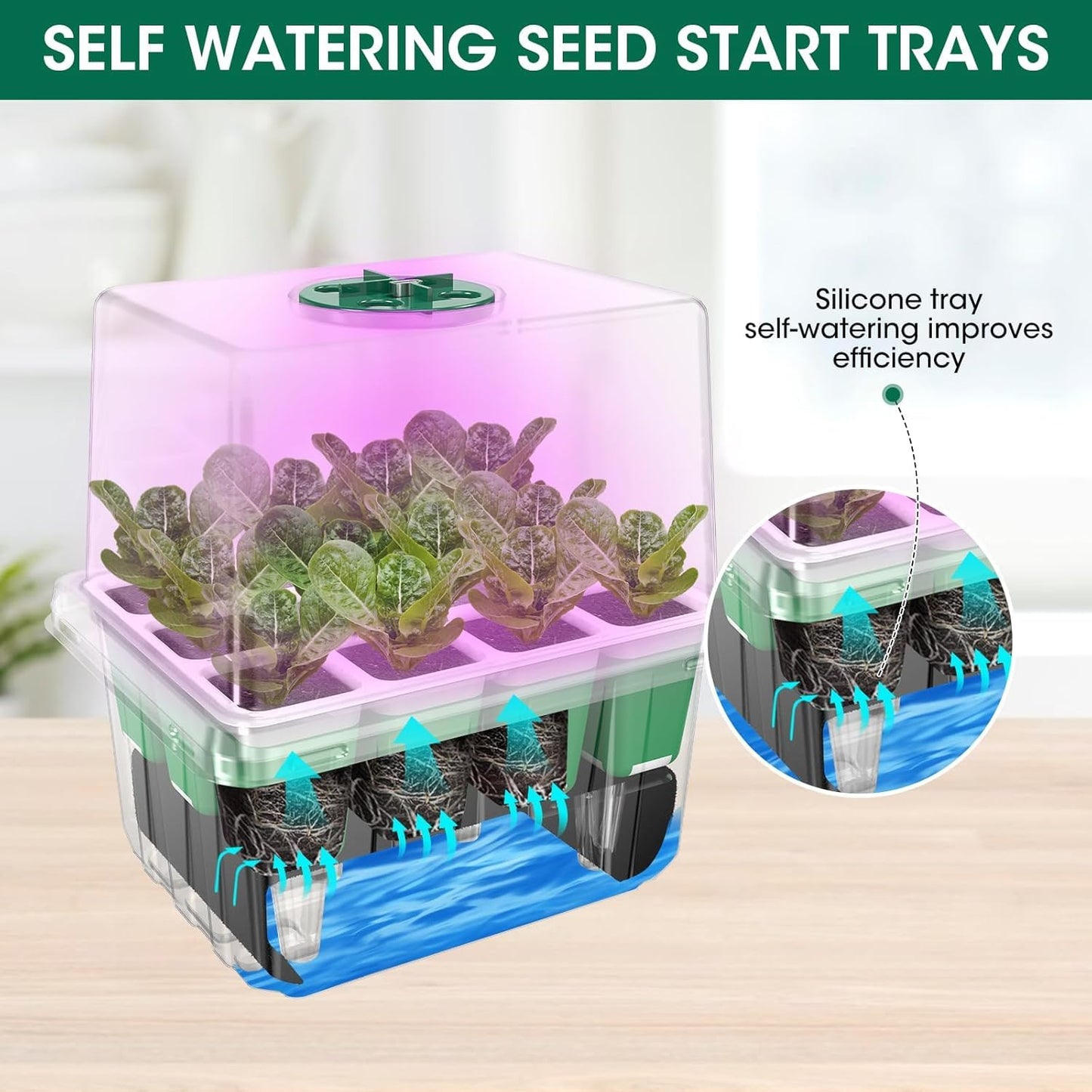 MQHUAYU Self Watering Seed Starter Tray with Grow Light, 10-Pack 120-Cell Reusable Seed Starter Kit with Soft Silicone, Plant Germination Trays with Humidity Dome for Seeding Planting Growing
