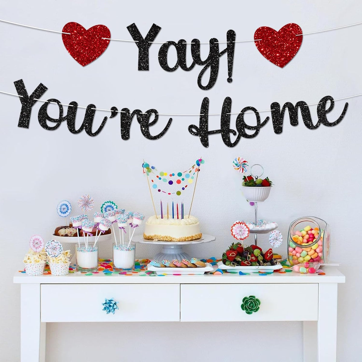 Black Glitter Welcome Home Banner, Yay! You're Home Banner for Welcome Back, Housewarming & Military Return Party Decorations & Decor, No DIY.