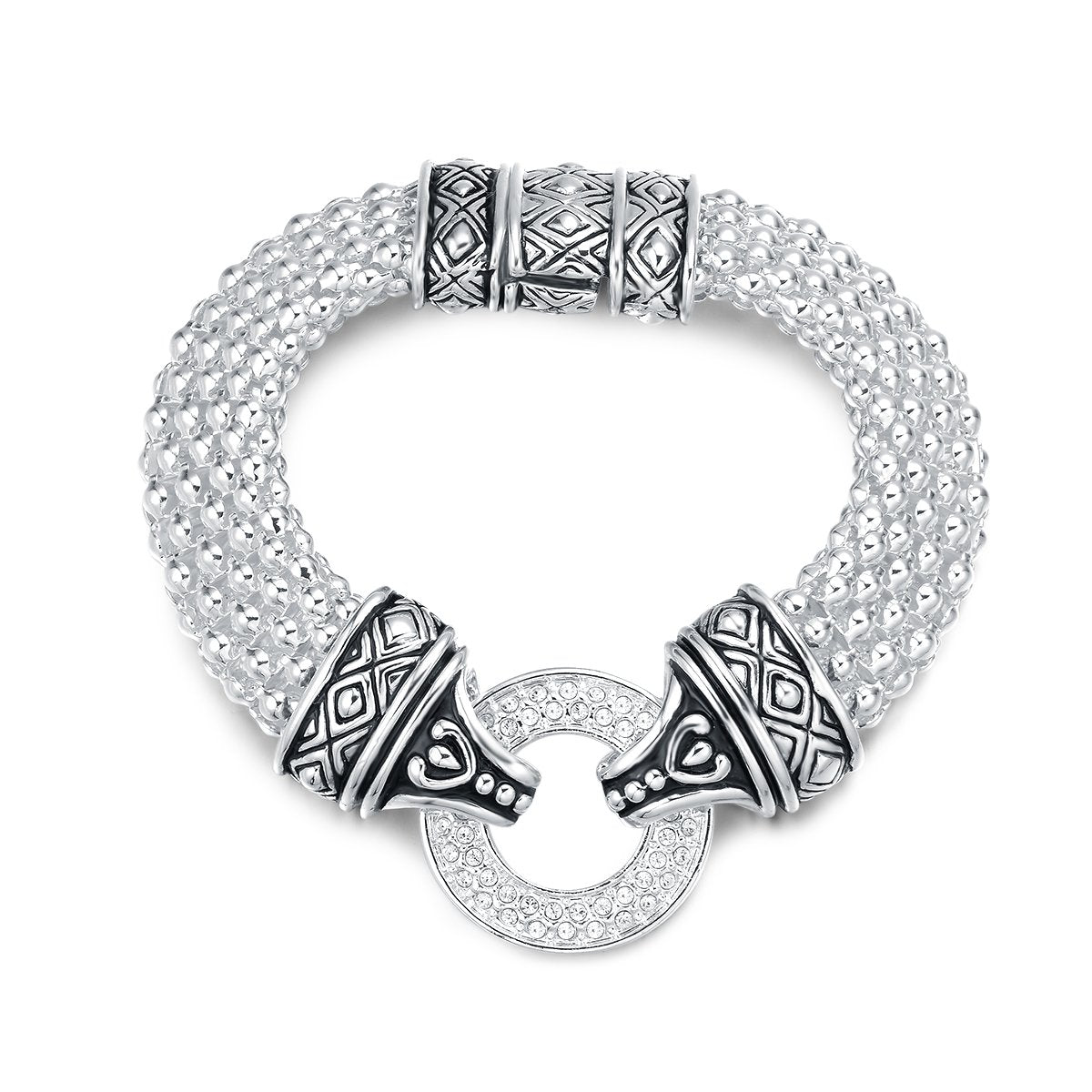 UNY Popcorn Chain Center Circle Pave Stone Unique Bracelet Magnetic Claps Designer Inspired Jewelry (Silver)