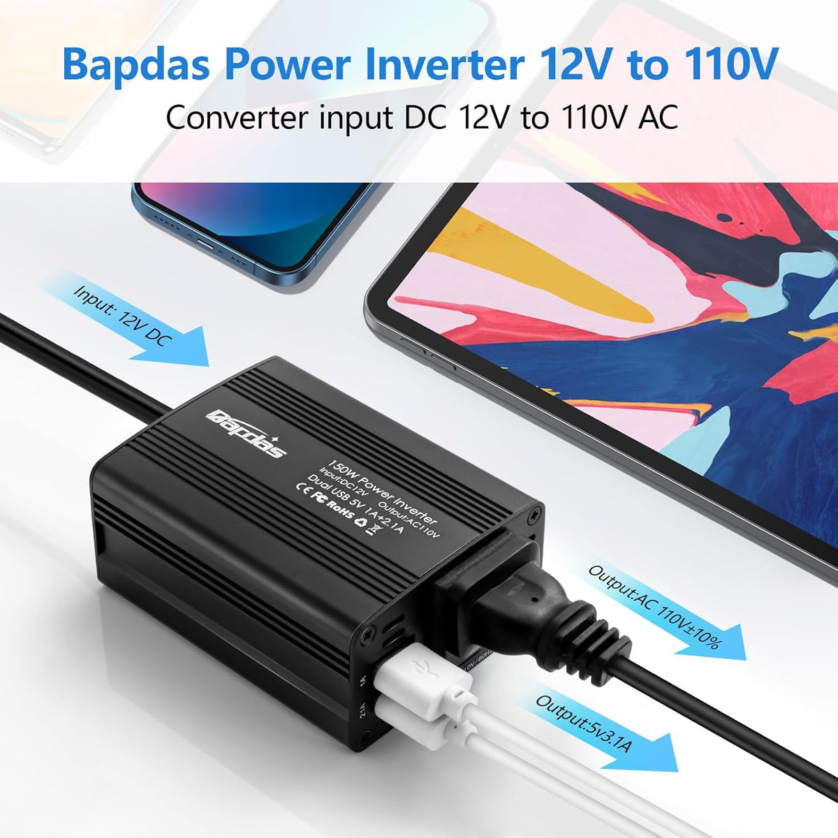 150W Car Power Inverter DC 12V to 110V AC Car Adapter for Plug Outlet with 3.1A Dual USB Car Charger for Laptop Computer-Black