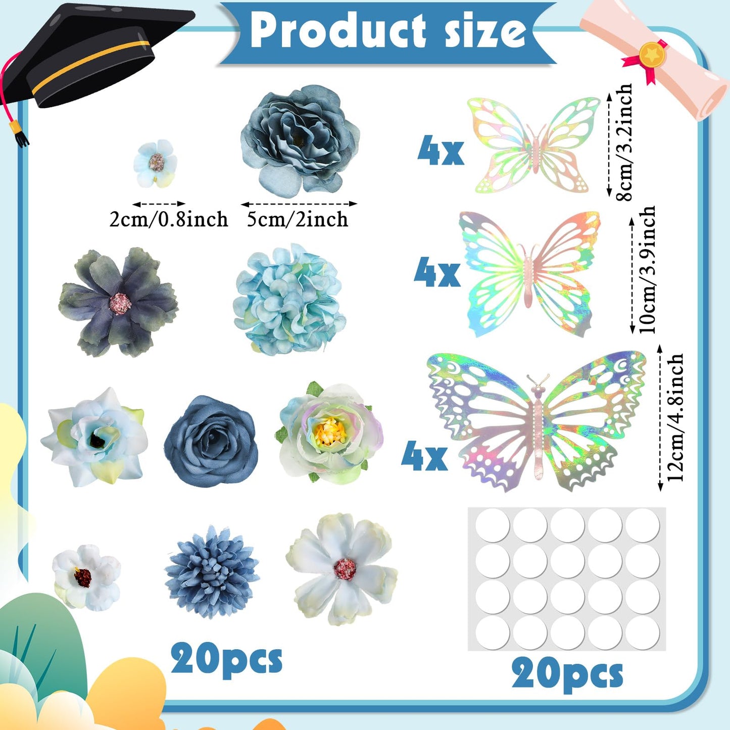 Canlierr 32 Pcs DIY Graduation Cap Decorations Accessory Kit Include Faux Flower Heads 3D Butterfly Grad Cap Decorations(Blue Tone)
