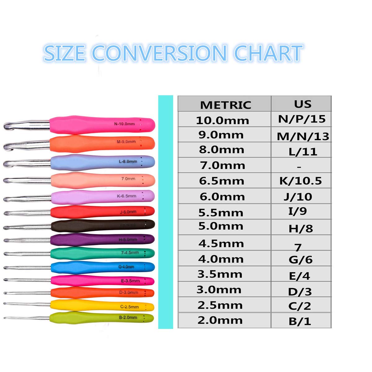 YOKER Crochet Hooks Set, 14 Sizes 2mm(B)-10mm(N) Ergonomic Crochet Needles with Case for Arthritic Hands, Extra Long Crochet Kit