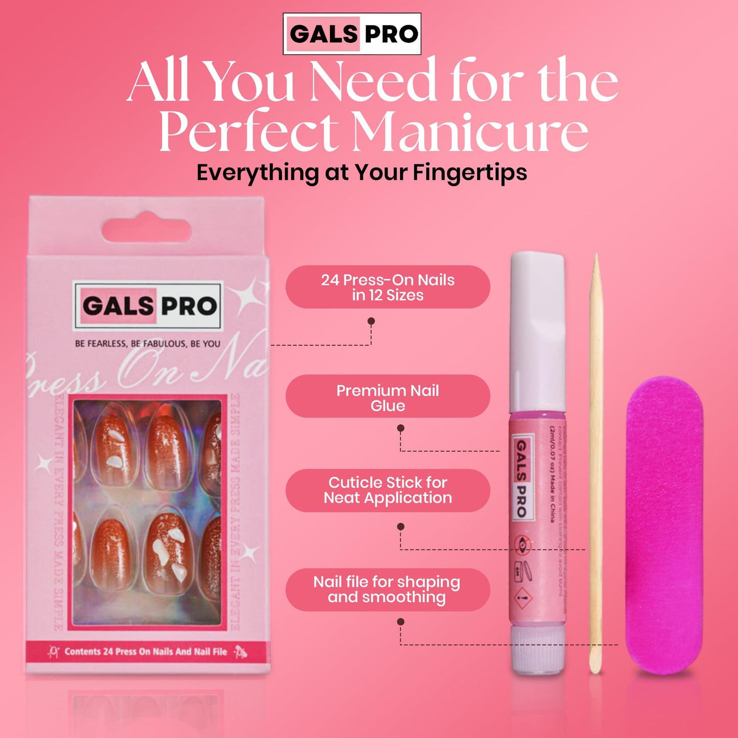 GALSPRO Short Press on Nails - Set of 24 Fake Nails with Designs in 12 Different Sizes for Perfect Fit, Cute False Nails Kit for Women with 0.07oz Nail Glue (COZYTOUCH OVAL SHAPE, Short)