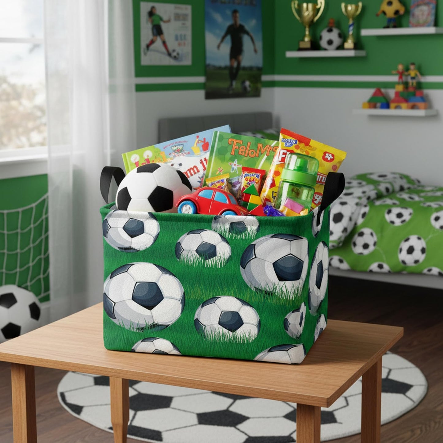 HEFEICZ Kid Rectangular Soccer Basket Baby Toy Storage Bin Organizer Home Room Decor (Green Grass Soccer)
