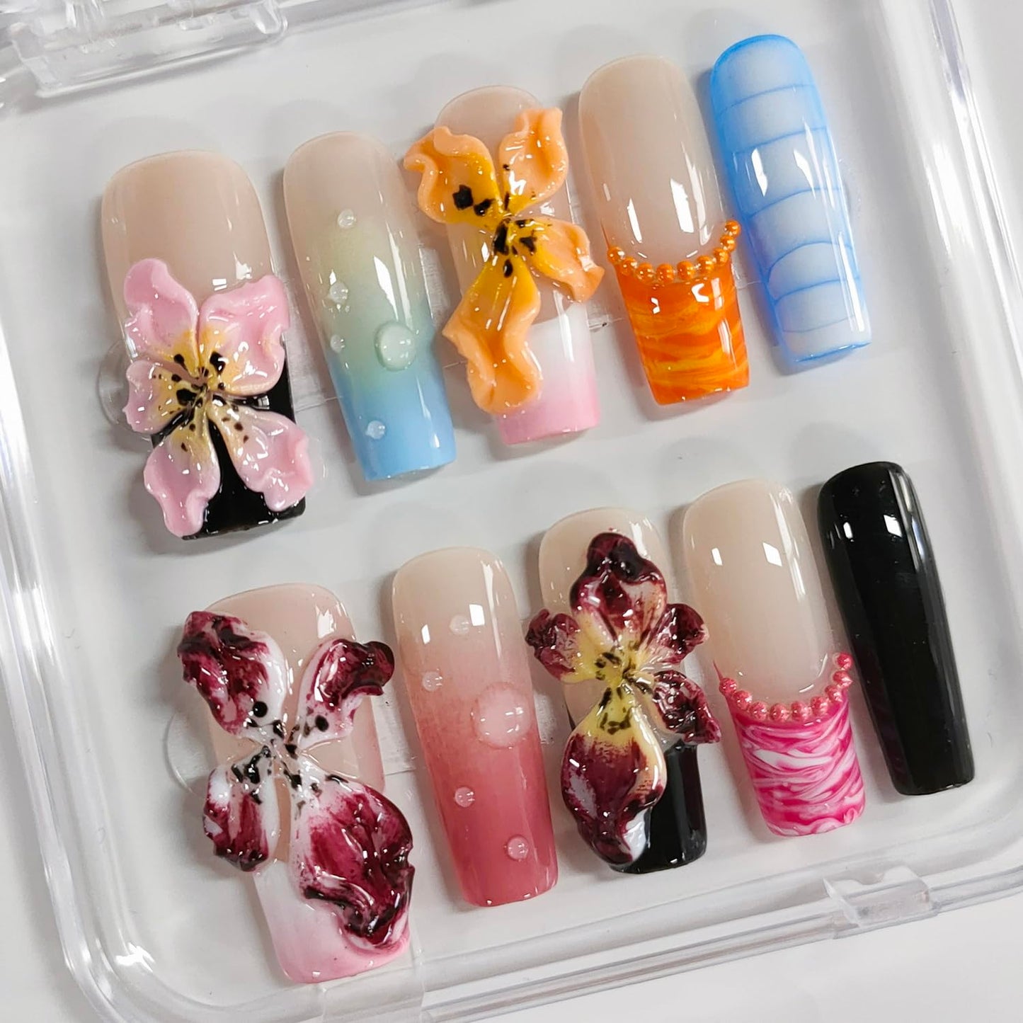 Handmade Press on Nails Medium Square 3D Floral French Tip Thick Acrylic Fake Nails Colorful False Nails with Lily Flower Water Drop Designs Sturdy Nail Art Press on Nails 10Pcs(M)