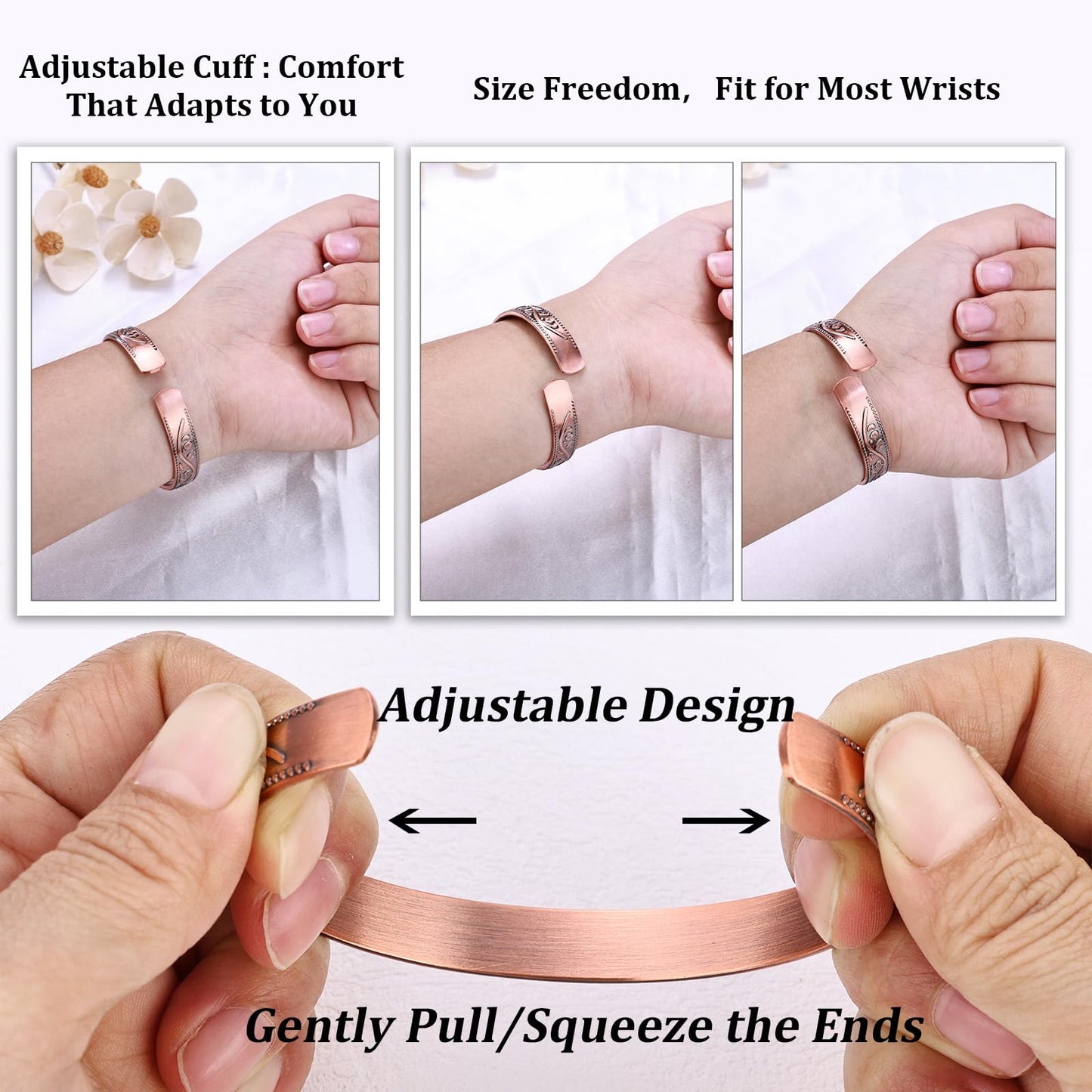 BioMag Copper Bracelet & Ring for Women, 99.99% Pure Copper Magnetic Bracelet Lymphatic Drainage Rings with 3500 Gauss Magnets, Adjustable & Flower Pattern