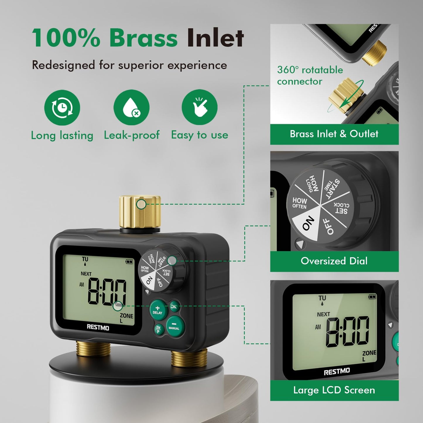 RESTMO Remote Control Brass Sprinkler Timer for Outdoor Hose Faucet 2 Zone, Max 11h59m Water Timer for Long Watering Soaker Hose, Misting with Large Dial, Rain Delay/Manual/Auto for Drip Irrigation