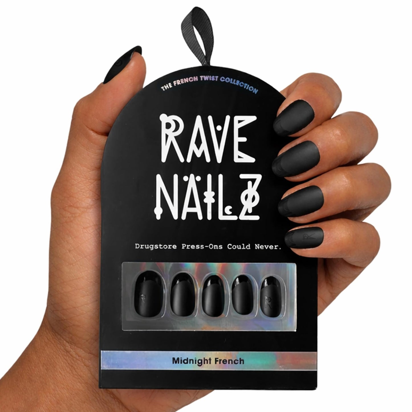 Rave Nailz Midnight French Tip Press On Nails (24 Count) | Matte Black 3D False Oval Press On Nail Short with Glossy Tip | Chip-Resistant Fake Nails with Glue, Includes File, Long-Lasting 2+ Weeks