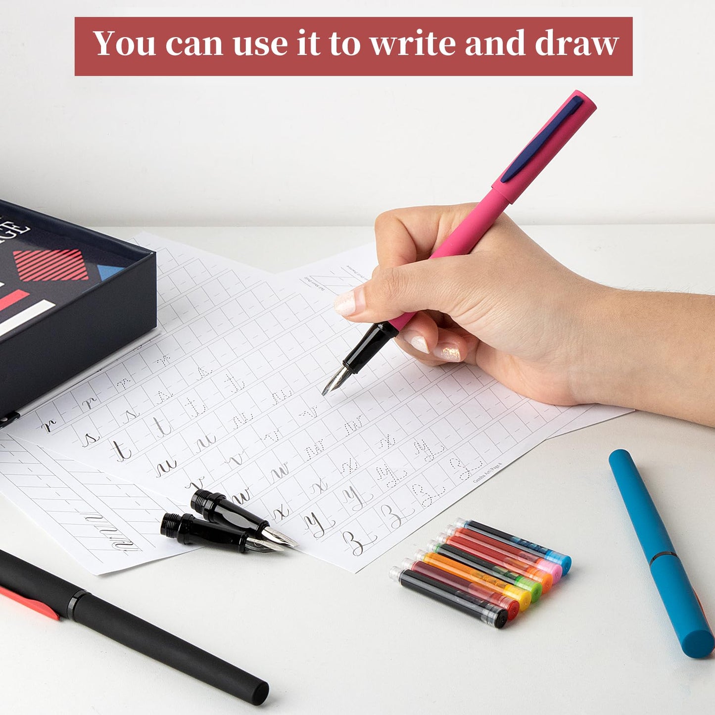 DTianSir Calligraphy Pen Set,Fountain Pens with 7 Different Replaceable Nibs with 60 Ink Cartridges(12 Colors),Calligraphy Set for Beginner Writing Drawing