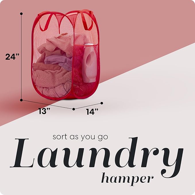 Handy Laundry Collapsible Mesh Pop Up Hamper with Wide Opening and Side Pocket - Breathable, Sturdy, Foldable, and Space-Saving Design for Clothes and Storage (Red | 2-Pack)