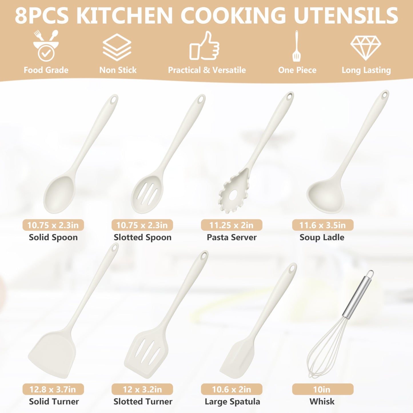 TeamFar 8 PCS Silicone Cooking Utensils - 446°F Heat Resistant Kitchen Silicon Utensils Set, Turner, Spatula, Spoon, Whisk, Kitchen Cooking Gadgets Tools for Nonstick Cookware, Dishwasher Safe-White