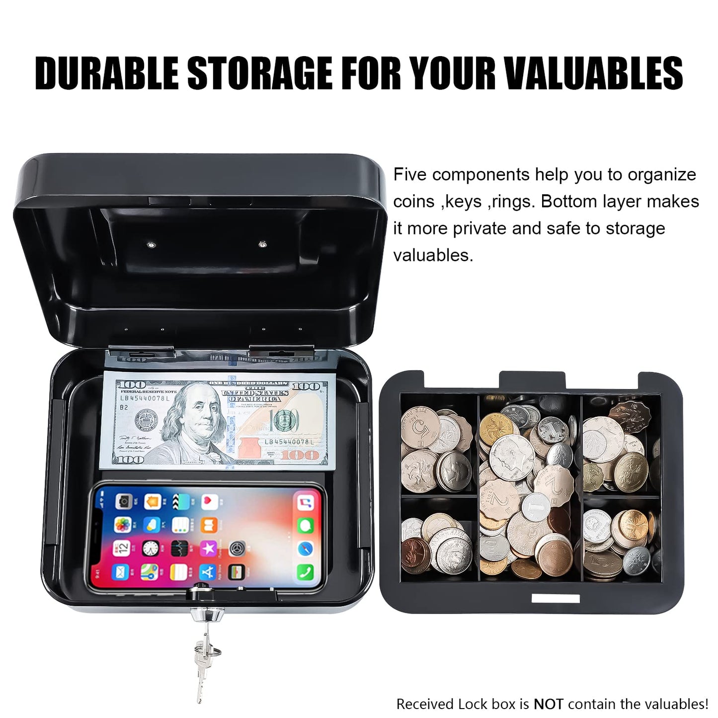 KYODOLED Medium Cash Box with Removable Money Tray, Key Lock Metal Storage Box with 2 Keys & Portable Handle, Safe Cash Drawer, 7.87"x 6.30"x 3.54", Black
