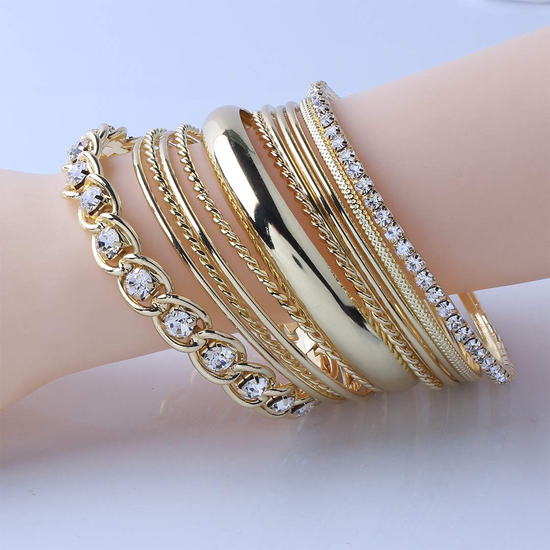 Ensoul Shiny Gold Color Twisted Multiple Metal Bracelets & Bangles Set For Women 12Pcs/Set W/Clear Rhinestones