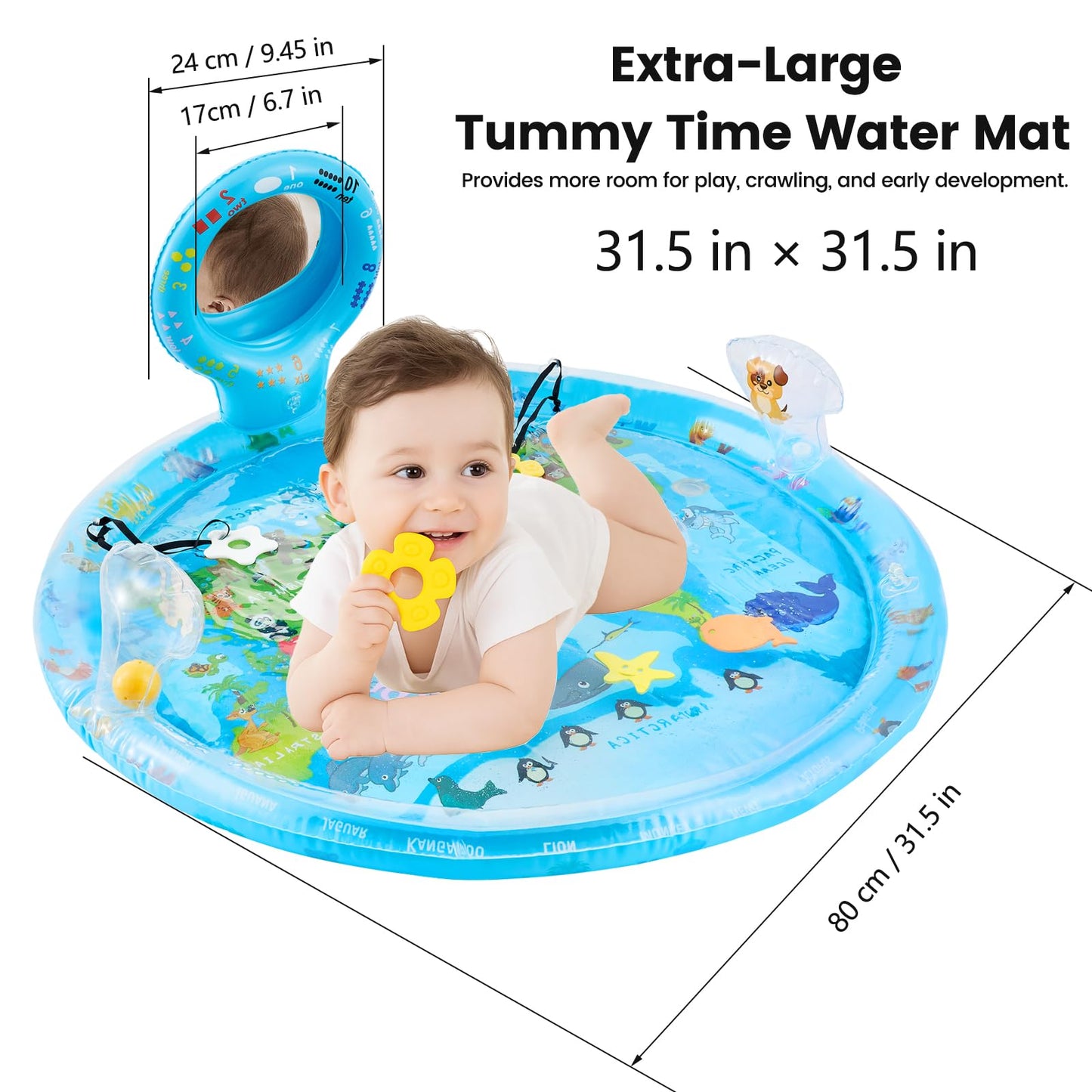 Tummy Time Mat Extra Large 31.5"×31.5" for 3-12 Months Baby, Inflatable Water Playmat with Mirror, Teethers, Rattles & Squeaker, Sensory Activity Center for Motor Development, Visual Stimulation