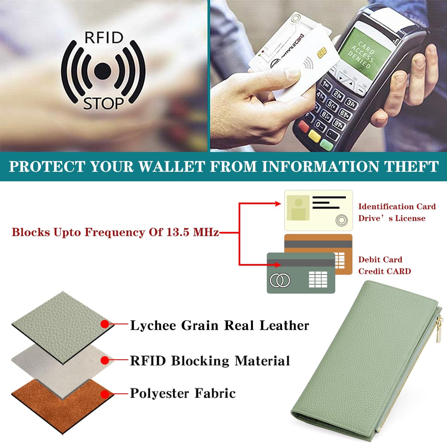 GOIACII Slim Wallet for Women Rfid Blocking Credit Card Holder with Zip Pocket Bifold Vegan Pebble Leather Green