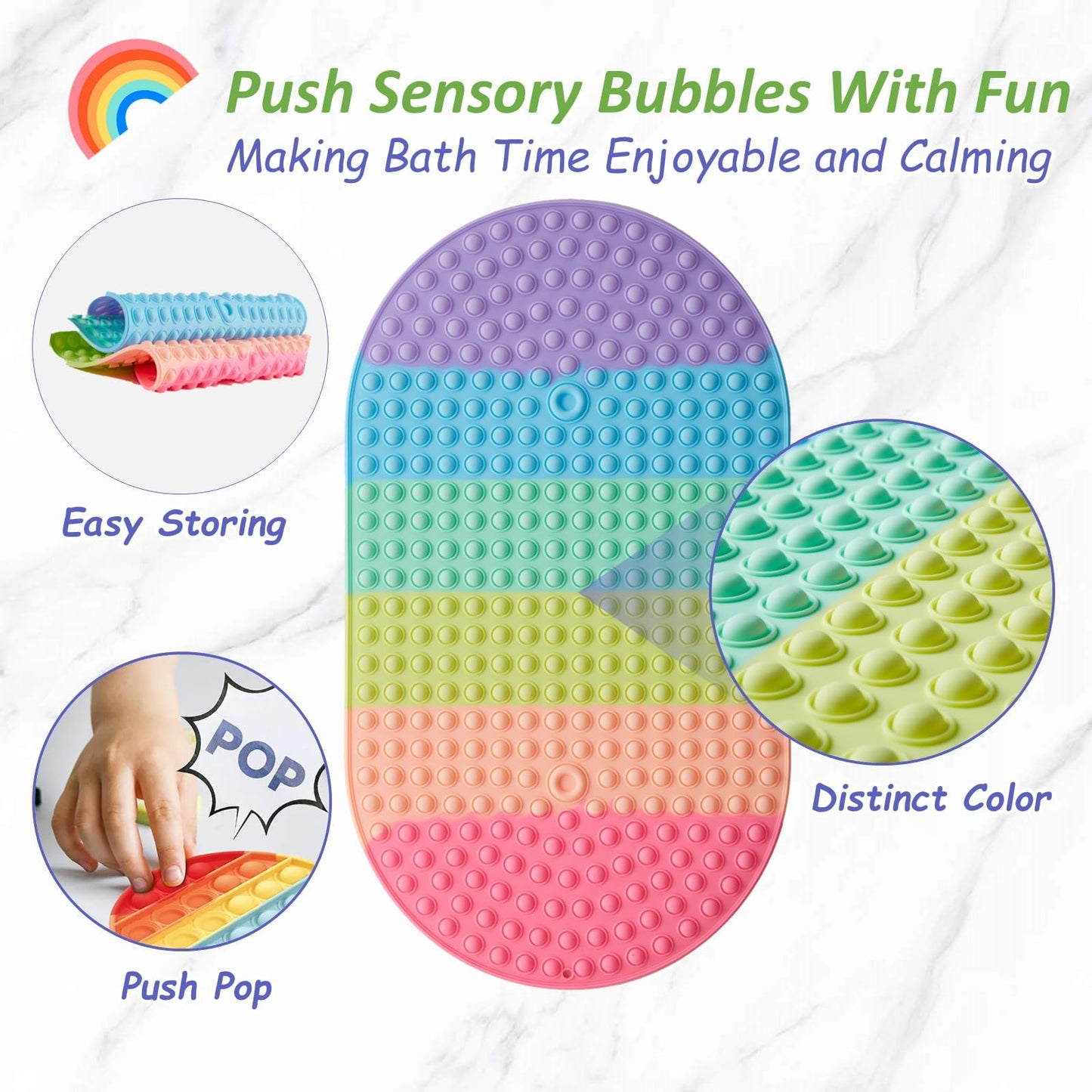 Joiyota Silicone Push Pop Bath Mat for Kids, CPC Certified Non-Slip Rainbow Bathtub Mat with Suction Cups, Sensory Bath Toy for Toddlers (27x15-rainbow)