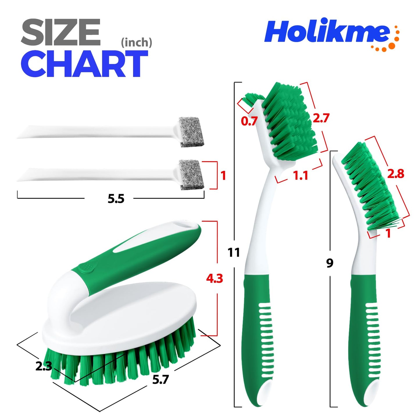 Holikme Cleaning Brush Set for Household Use, Scrub Brush, Kitchen Brush, Tile Lines Brush for Bathroom, Floor, Tub, Shower and Kitchen Surface (Green)