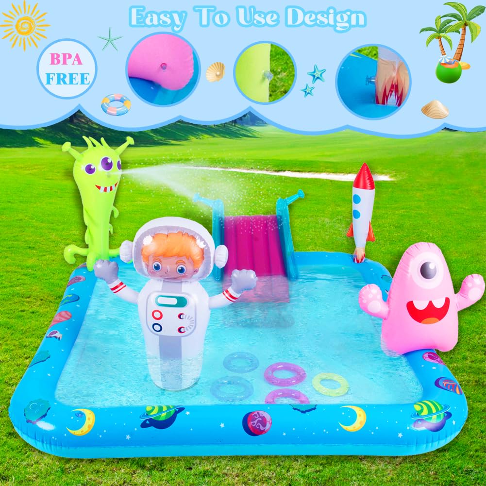 Inflatable Play Center Pool with Slide, Space Astronaut Square Kiddie Pool, 94.5" Square Outdoor Water Play Center with Sprinkler & Ring Toss for Summer Outdoor, Garden/Backyard Fun