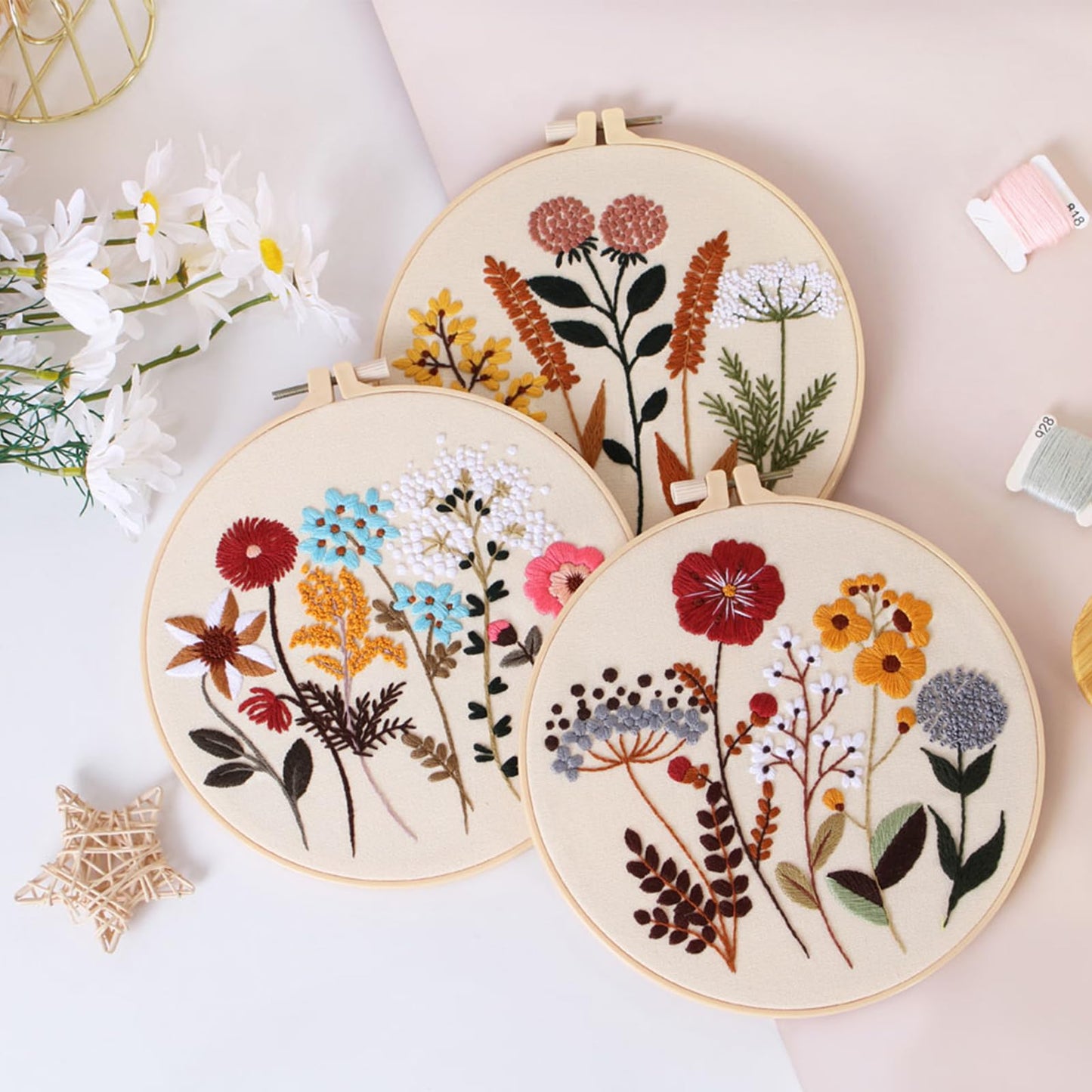 Smart-Feather 3 Sets Embroidery kit for Beginners, Hand Embroidery Kits for Adults with Hoop, DIY Art Project Craft Kit (Flower)