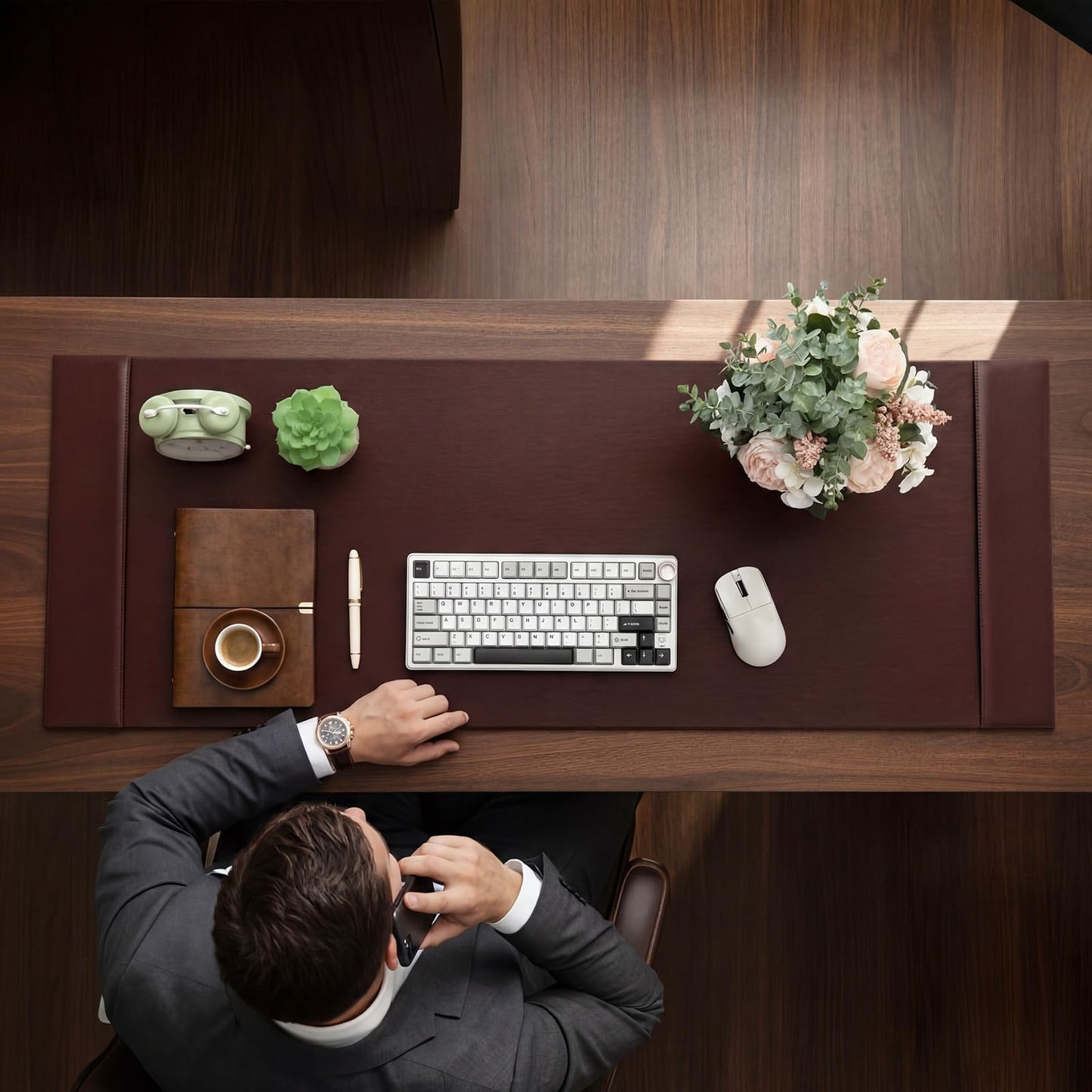 Saysurey 47.2 x 17 Inch Leather Desk Pad Protector with Side Rails, Executive Office Desk Mat for Home Workspace, Writing Surface, Mouse & Keyboard Pad, Elegant Gift for Men Dad Husband(Brown)