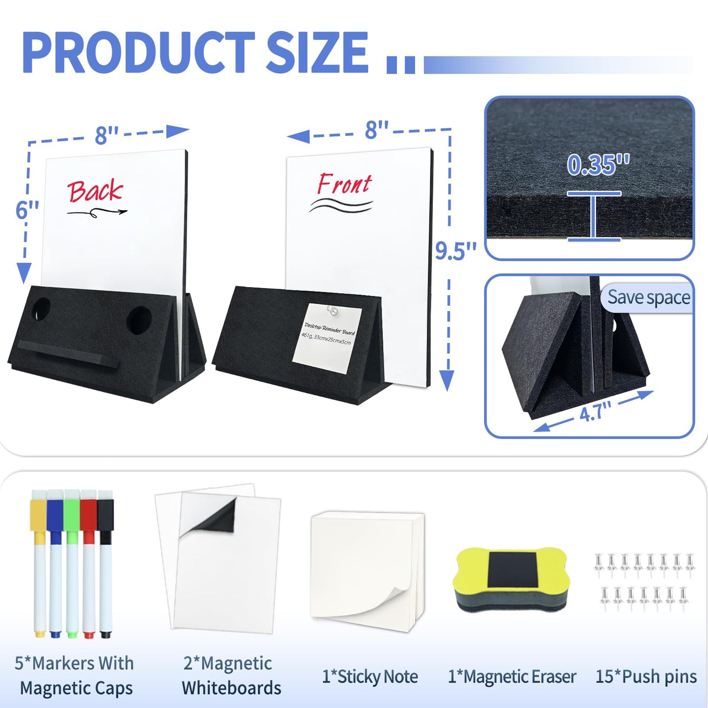 BXI Felt Small Desktop Whiteboard Combo- 8 x 10 Inches Double-Sided Magnetic Dry Erase Board, Portable Reusable Desk Notepad with Stand, Versatile Writing Sticky Note Board for Office Home School