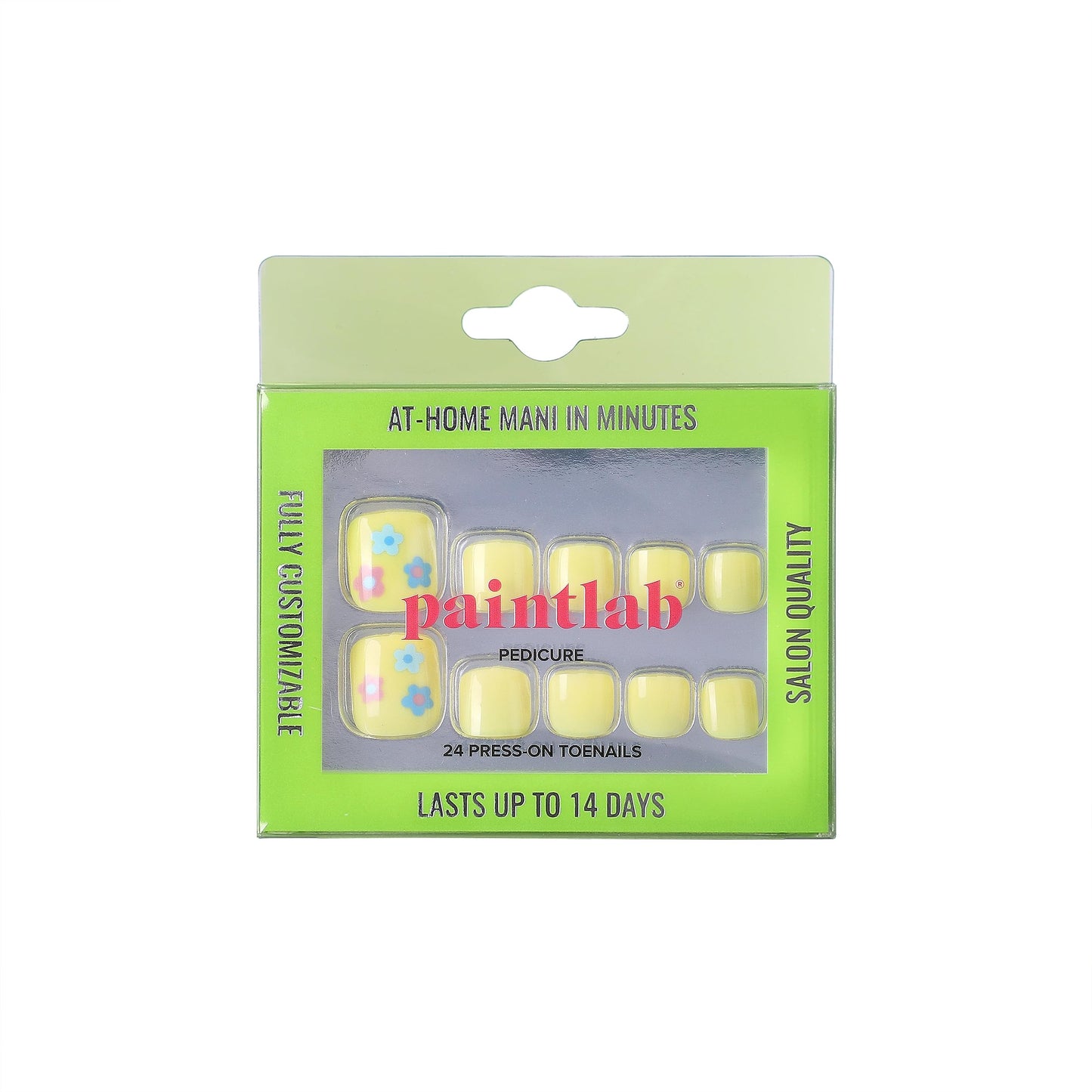 PaintLab Press-On Pedicure, Sunny Toes, Yellow with Flowers, Reusable False Toe Nails Kit, 24 Pieces