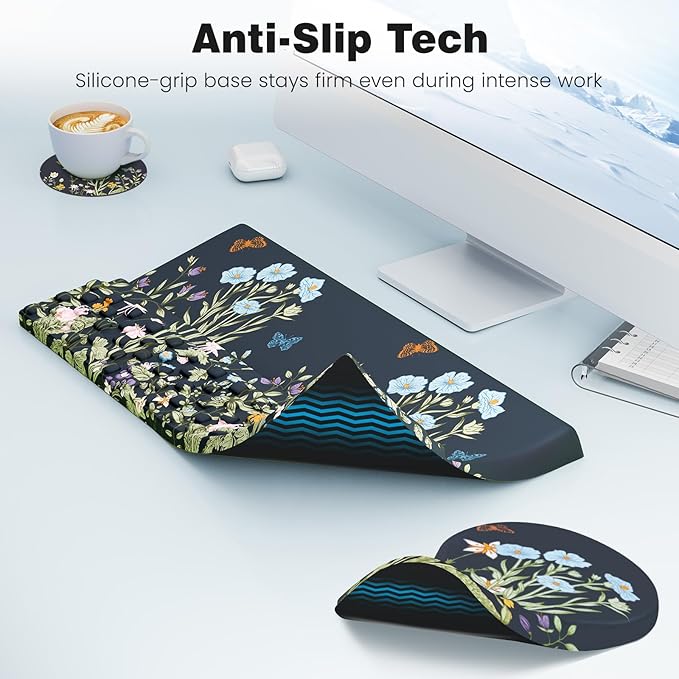 Ospelelf Ergonomic Mouse Pad and Keyboard Stand Wrist Rest Set, Memory Foam Comfort, Pain Relief for Typing, Office Desk Accessories, Moonlit Blossoms