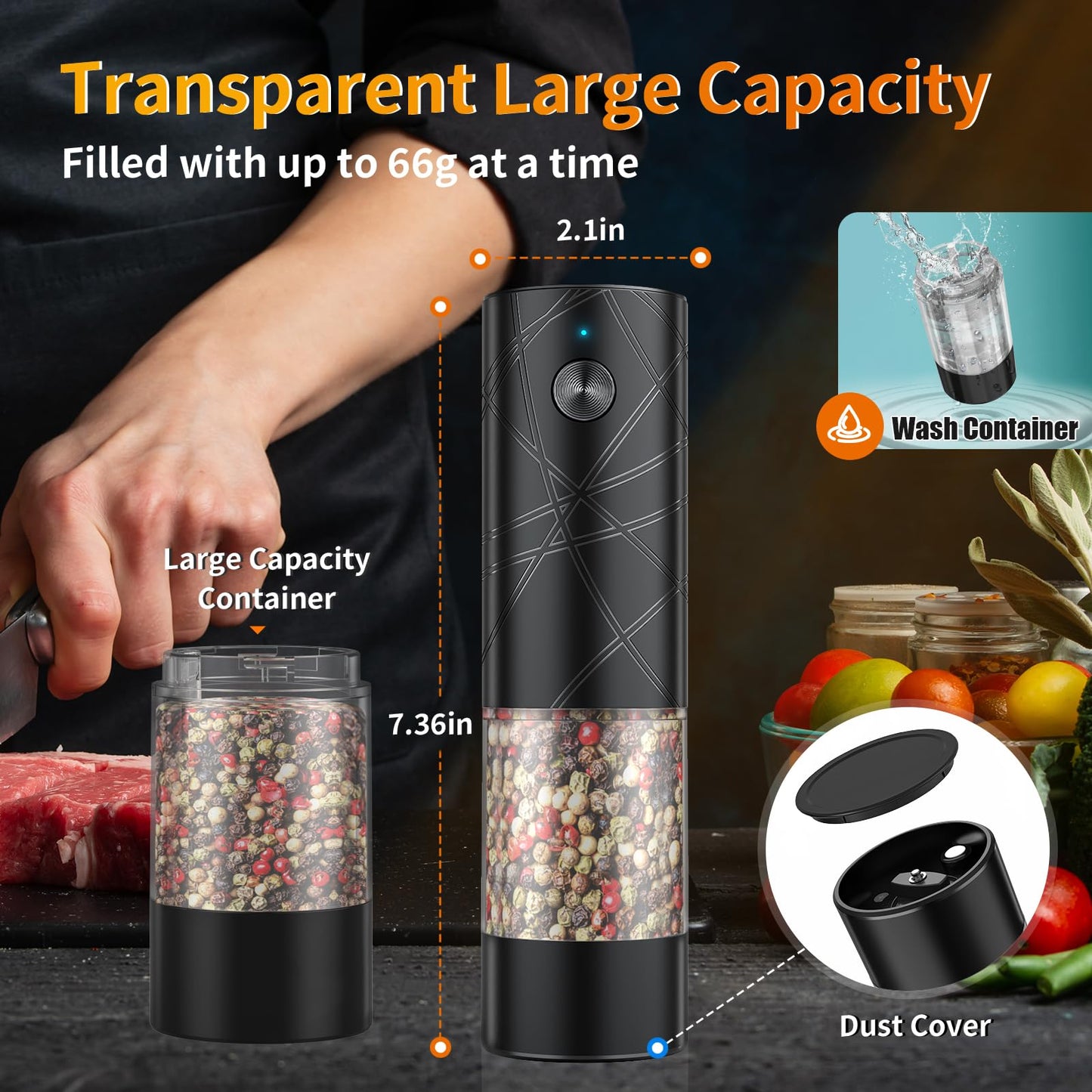 2Pack Electric Salt and Pepper Grinder Set USB Rechargeable with Warm LED Light, Adjustable Coarseness Lidaop Large Capacity Automatic Salt Pepper Mill Shakers for Kitchen, Restaurant, Upgrade Black