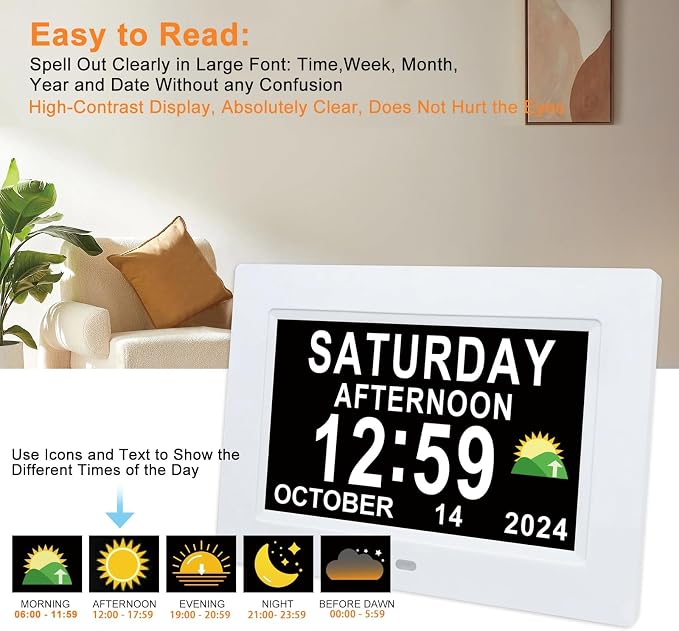 SSINI Digital Calendar Dementia Alarm Clock with Day and Date for Elderly - 15 Alarms 5 Colors Display Digital Clock Large Display Alzheimers Large Digital Clock for Seniors (7in White)
