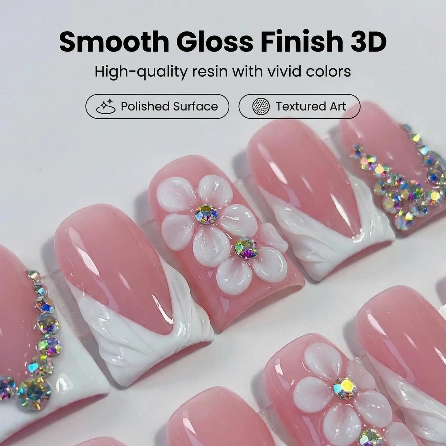 10pcs Handmade Press on Nails Whhite French Tip Fake Nails Duck Medium False Nails with 3D Flower Rhinestones Designs Summer Pink luxury Charm Acrylic Nails for Women (Size M）