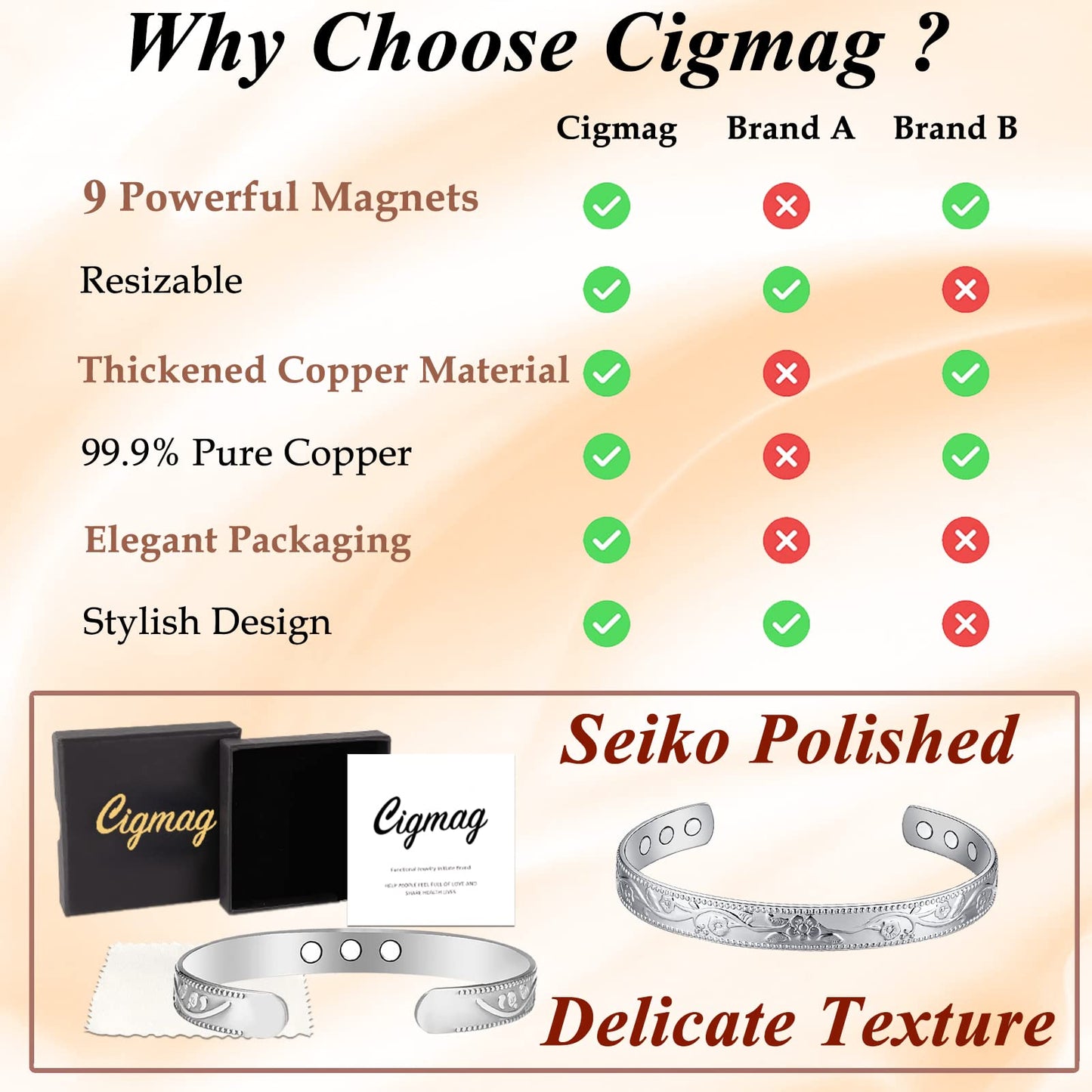 Cigmag 2PCS Copper Bracelets for Women Pure Copper Bracelet Cuff Bangle Strength Magnets Adjustable (Silver)