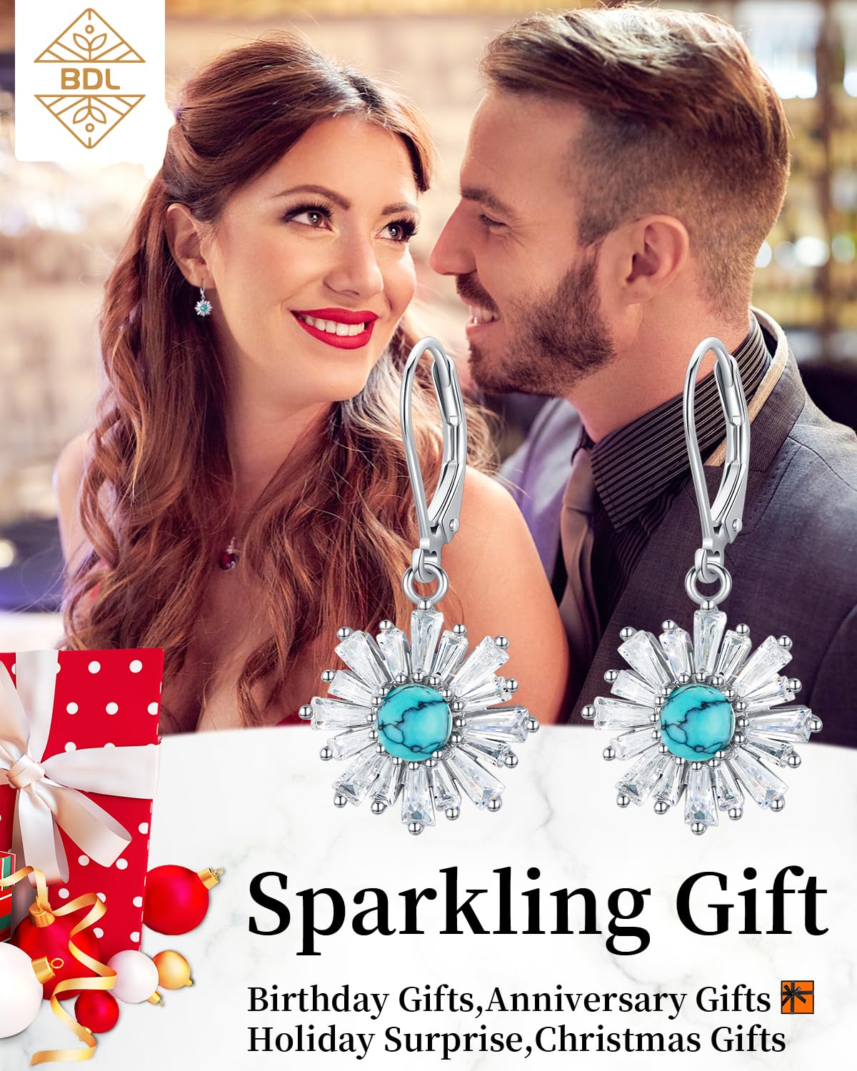 BDL Cubic Zirconia Flower Genuine Turquoise Leverback Earrings Sterling Silver Dangle Drop Jewelry for Women
